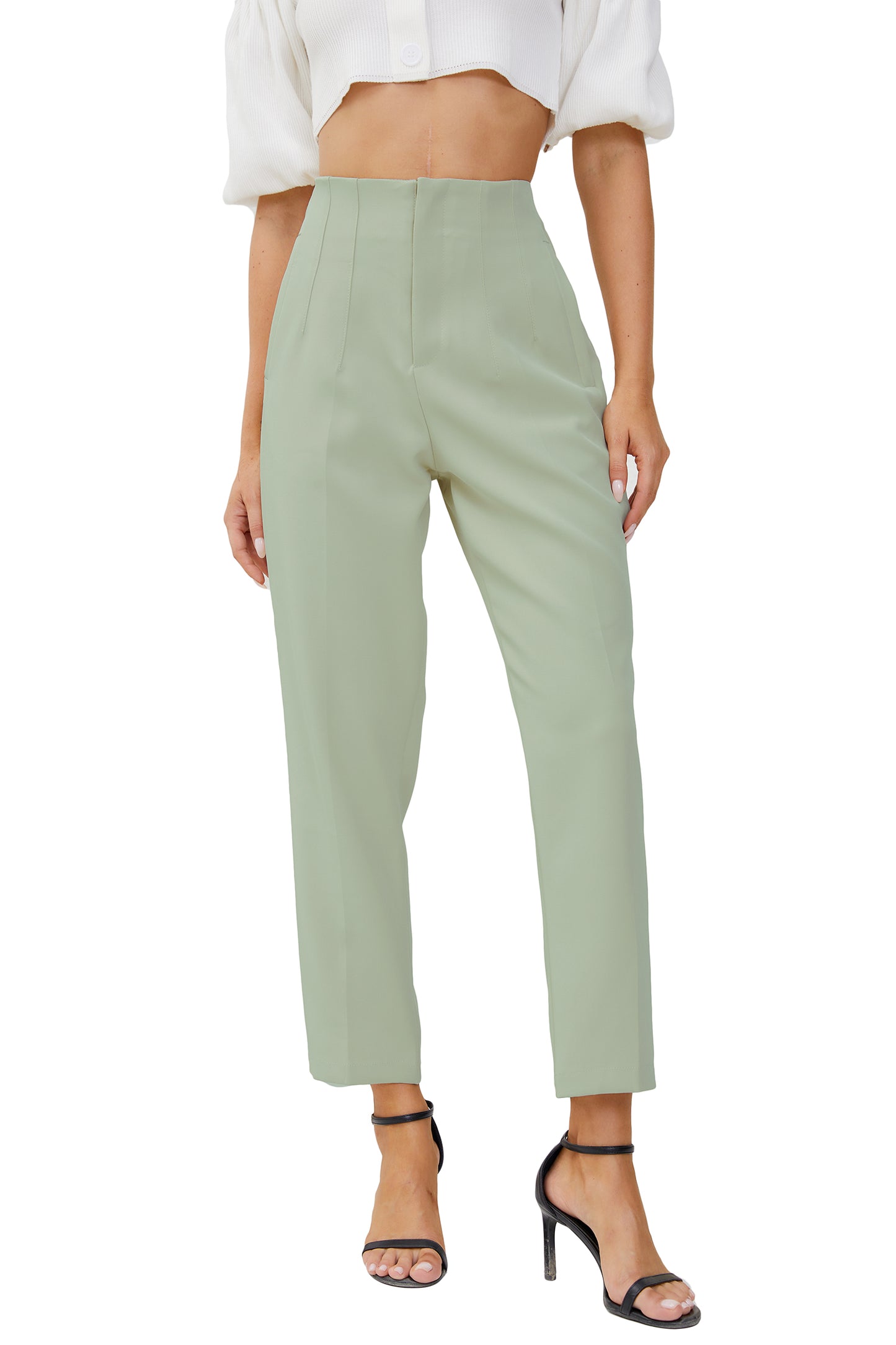 JEAAMKSSER Women's High Waisted Business Trousers Straight Leg Pleated Office Slacks Pants Light Green