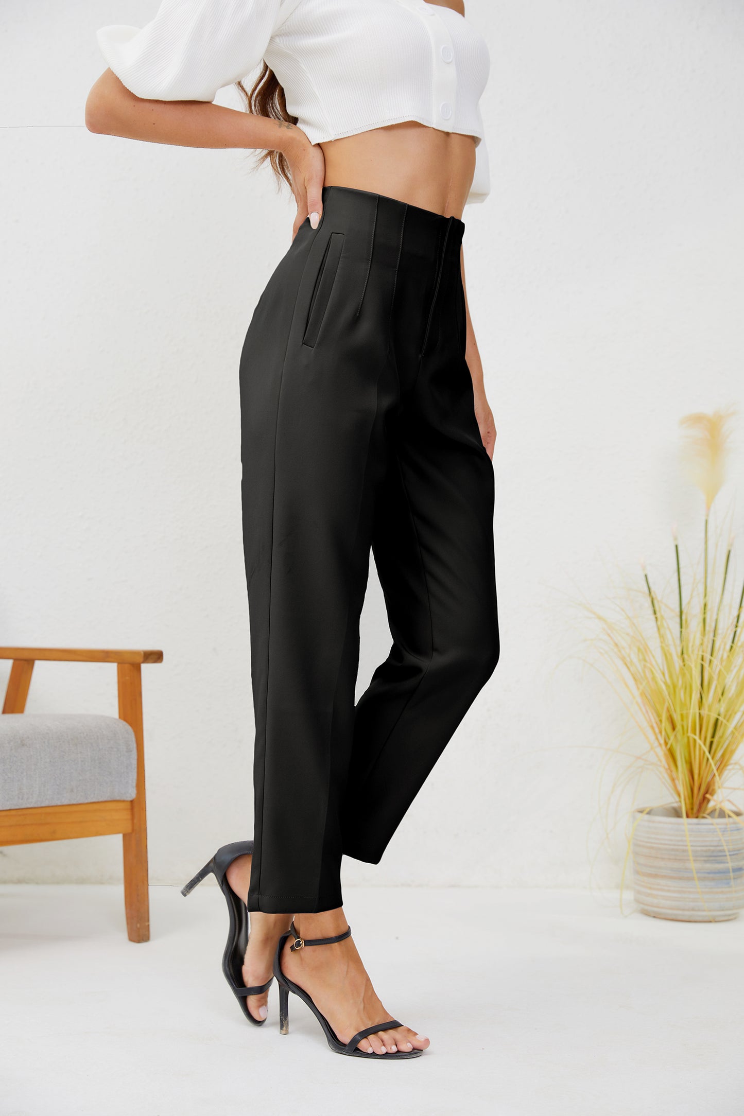 JEAAMKSSER Women's High Waisted Business Trousers Straight Leg Pleated Office Slacks Pants Black