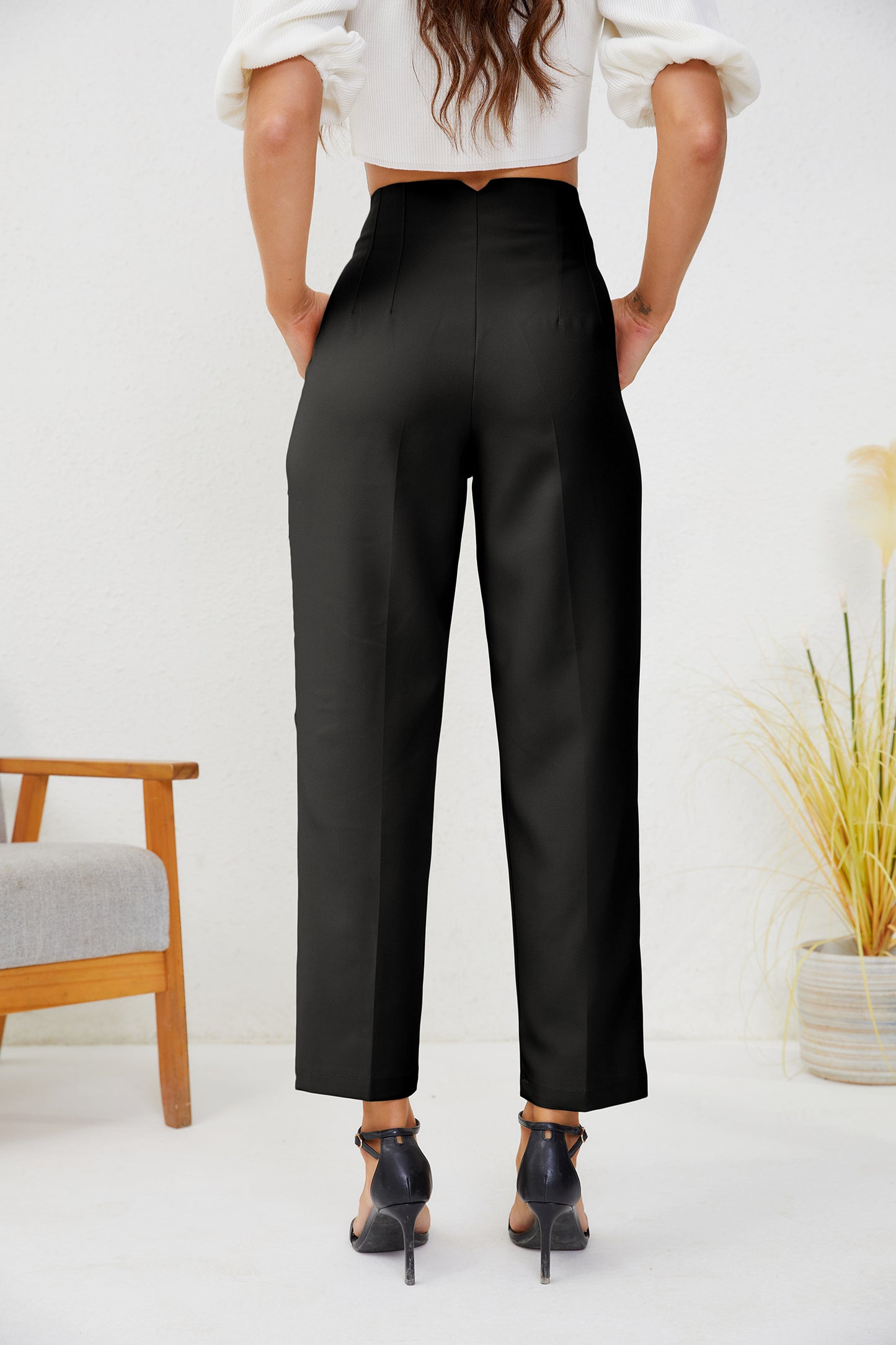 JEAAMKSSER Women's High Waisted Business Trousers Straight Leg Pleated Office Slacks Pants Black