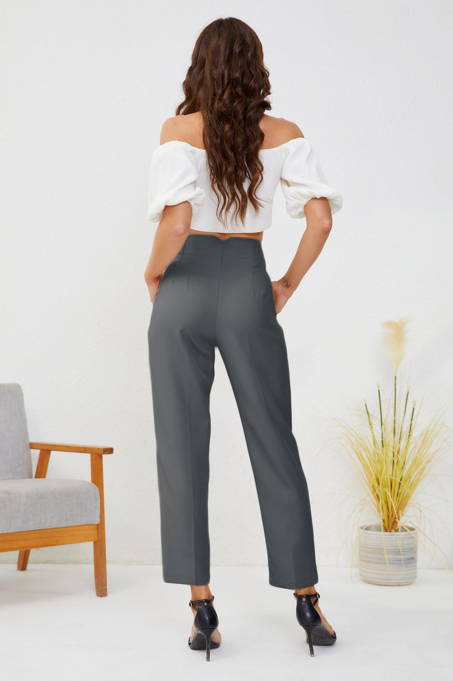 JEAAMKSSER Women's High Waisted Business Trousers Straight Leg Pleated Office Slacks Pants Dark Gray