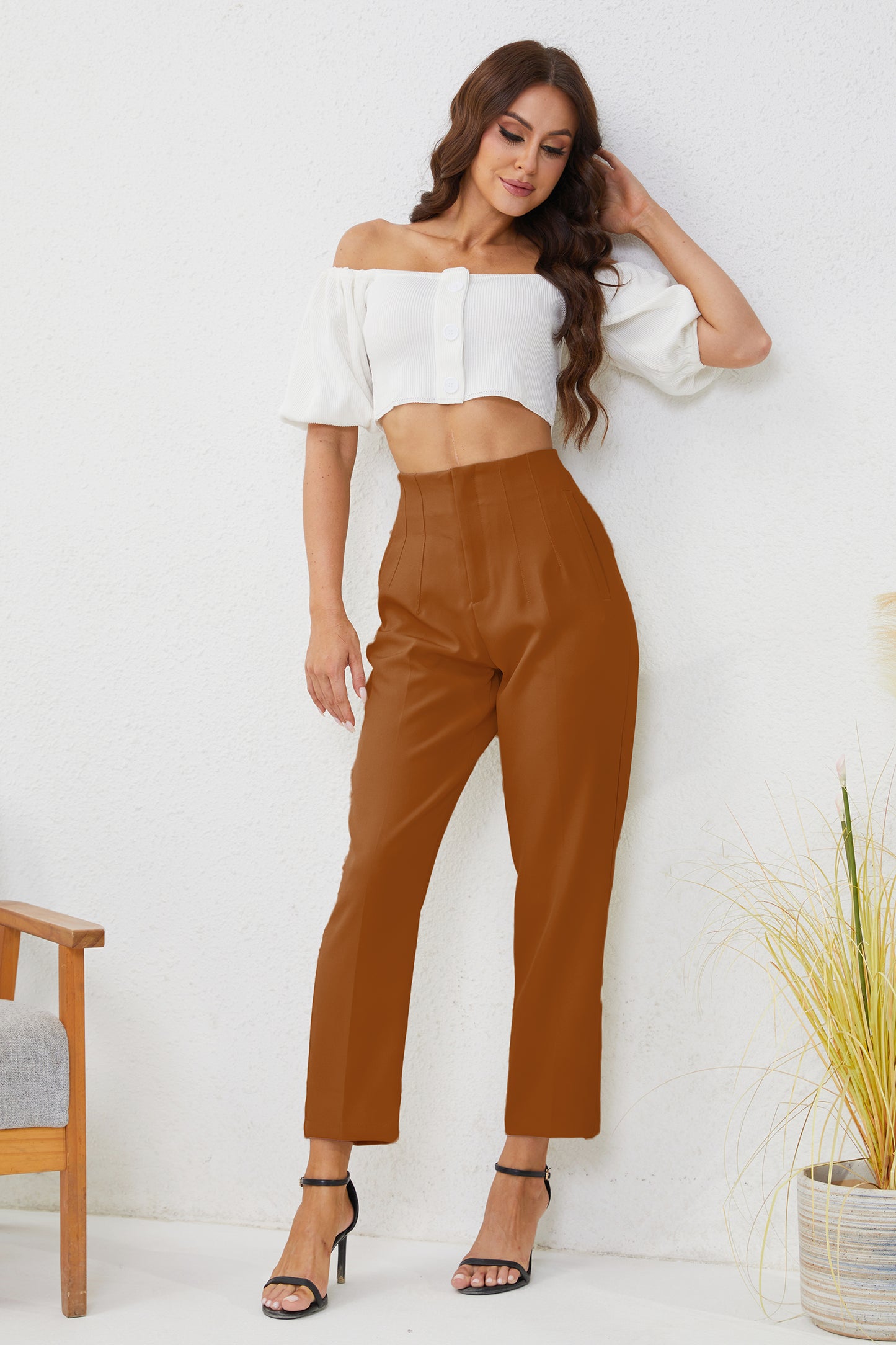 JEAAMKSSER Women's High Waisted Business Trousers Straight Leg Pleated Office Slacks Pants Brown