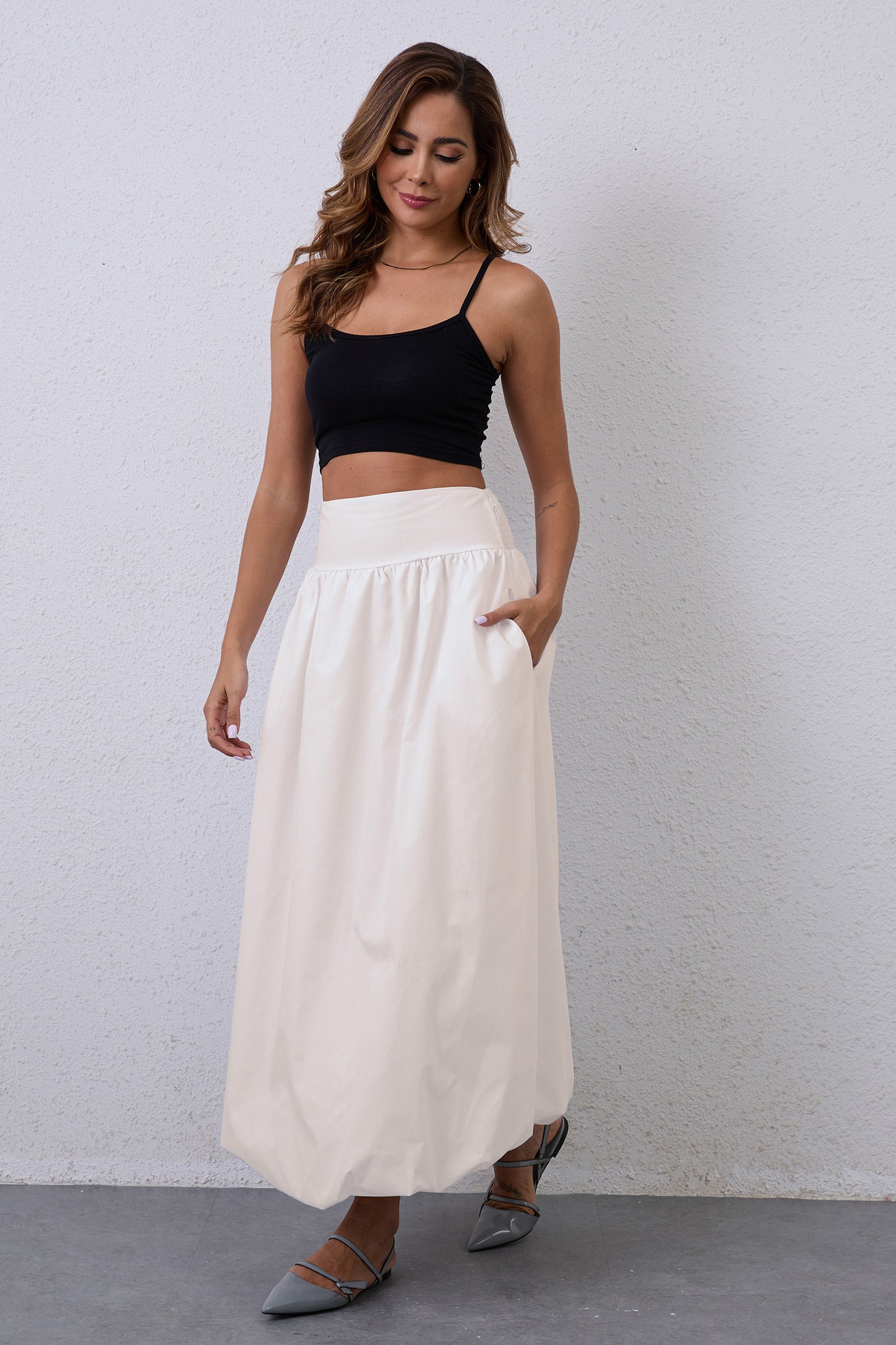 JEAAMKSSER Y2K Bubble Maxi Skirts for Women A Line Long Pleated Casual Summer Skirts 2024 Elastic Waist Balloon Midi Skirt