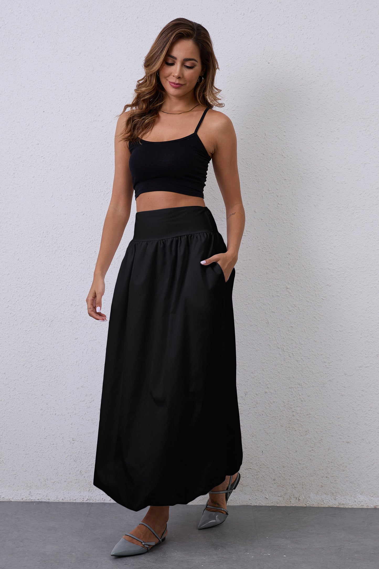 JEAAMKSSER Y2K Bubble Maxi Skirts for Women A Line Long Pleated Casual Summer Skirts 2024 Elastic Waist Balloon Midi Skirt
