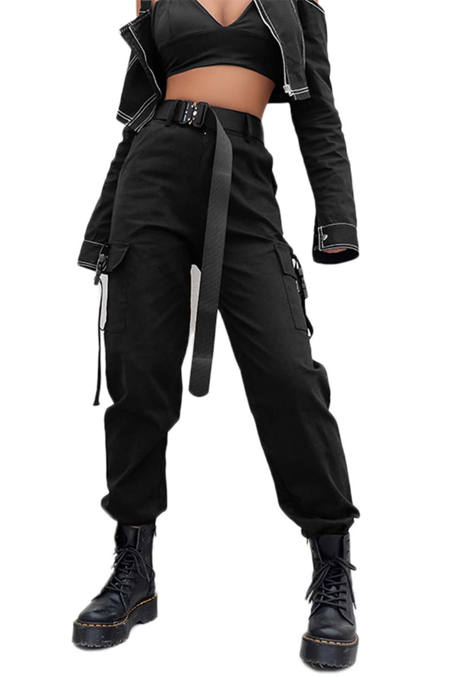 JEAAMKSSER Womens High Waisted Black Cargo Pants with Pockets Baggy Solid Y2k Streetwear Pants
