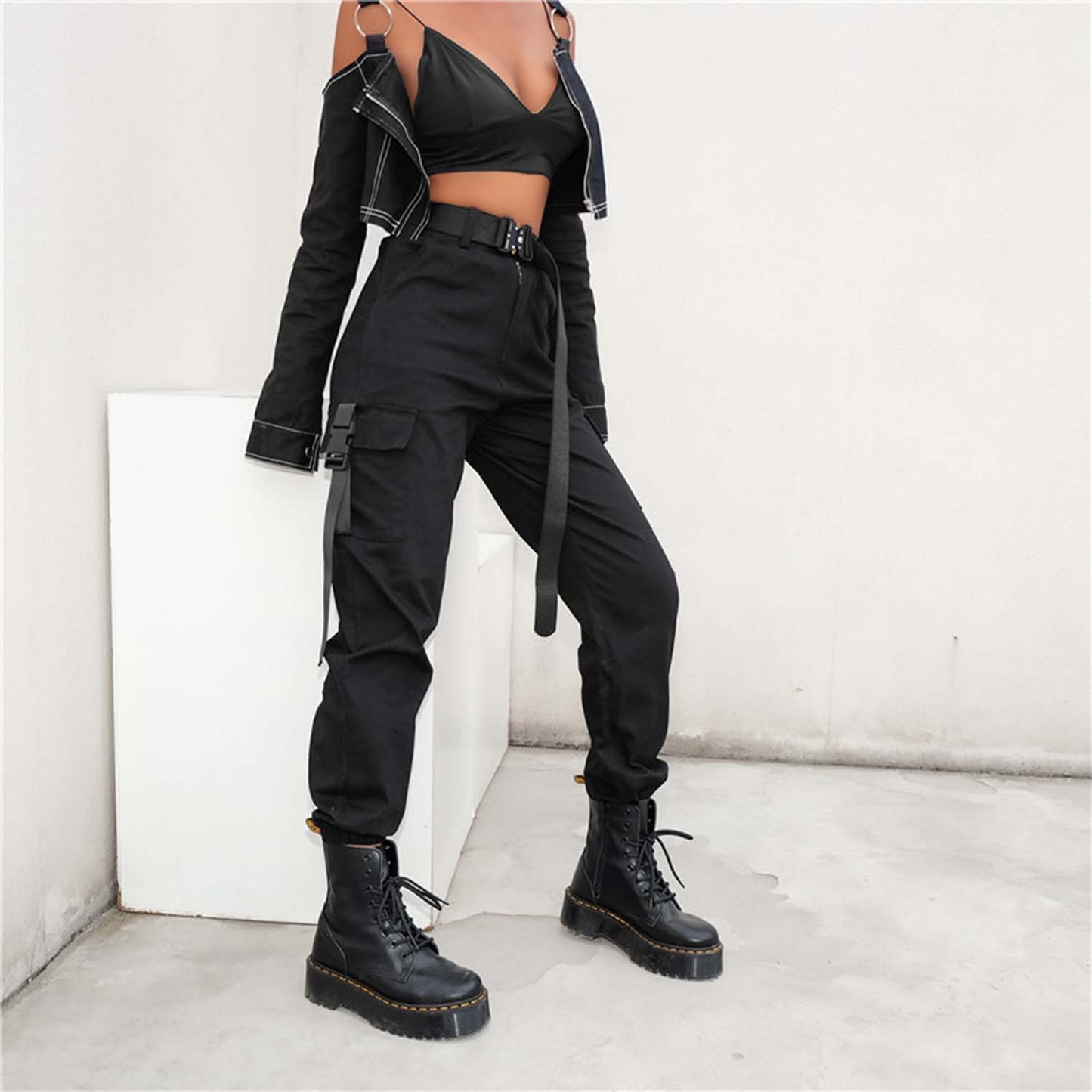 JEAAMKSSER Womens High Waisted Black Cargo Pants with Pockets Baggy Solid Y2k Streetwear Pants