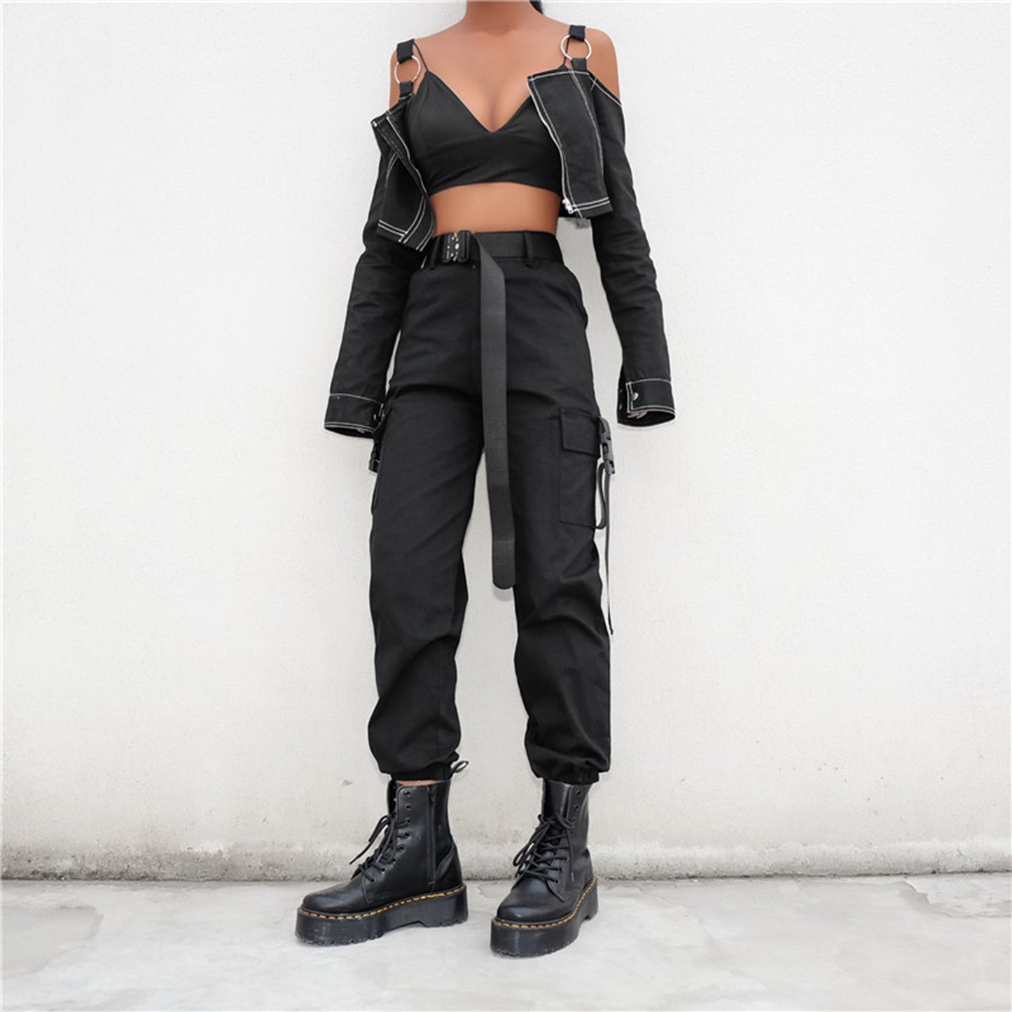JEAAMKSSER Womens High Waisted Black Cargo Pants with Pockets Baggy Solid Y2k Streetwear Pants