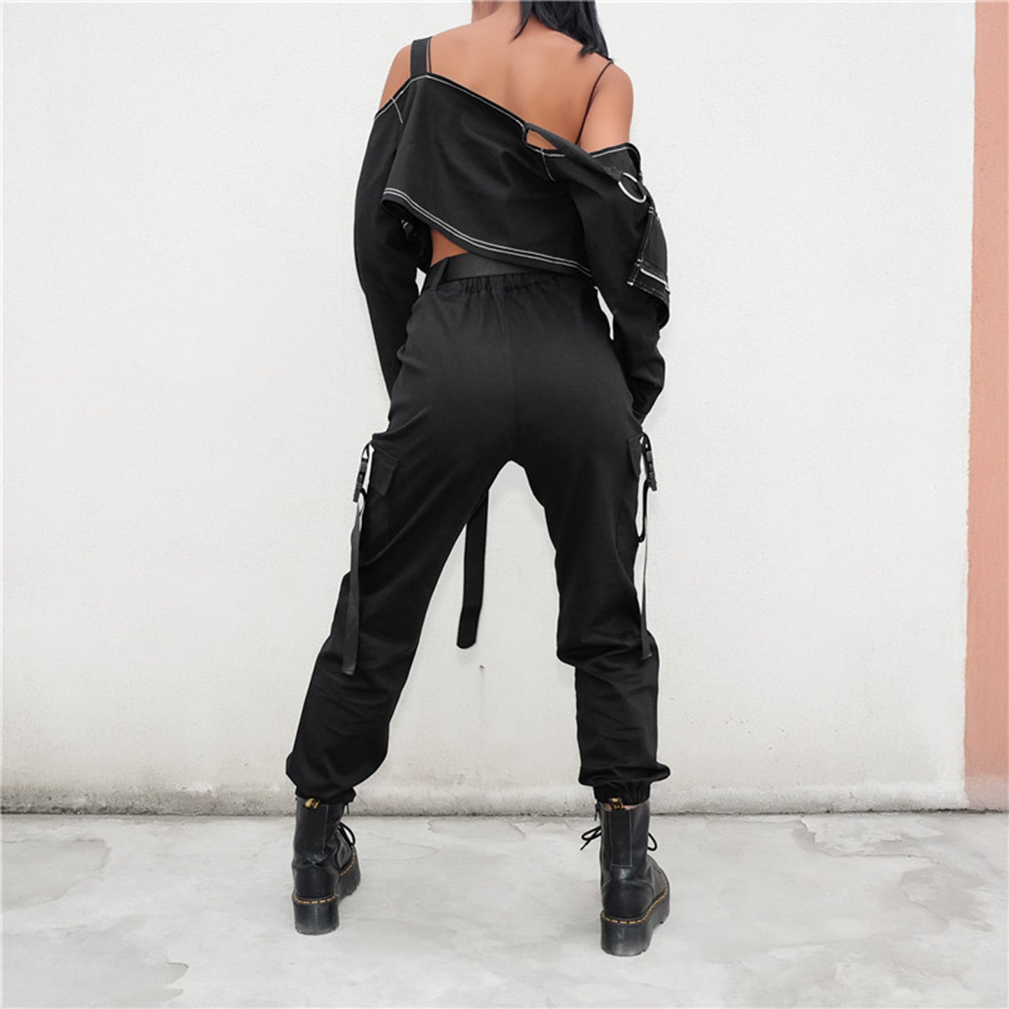 JEAAMKSSER Womens High Waisted Black Cargo Pants with Pockets Baggy Solid Y2k Streetwear Pants