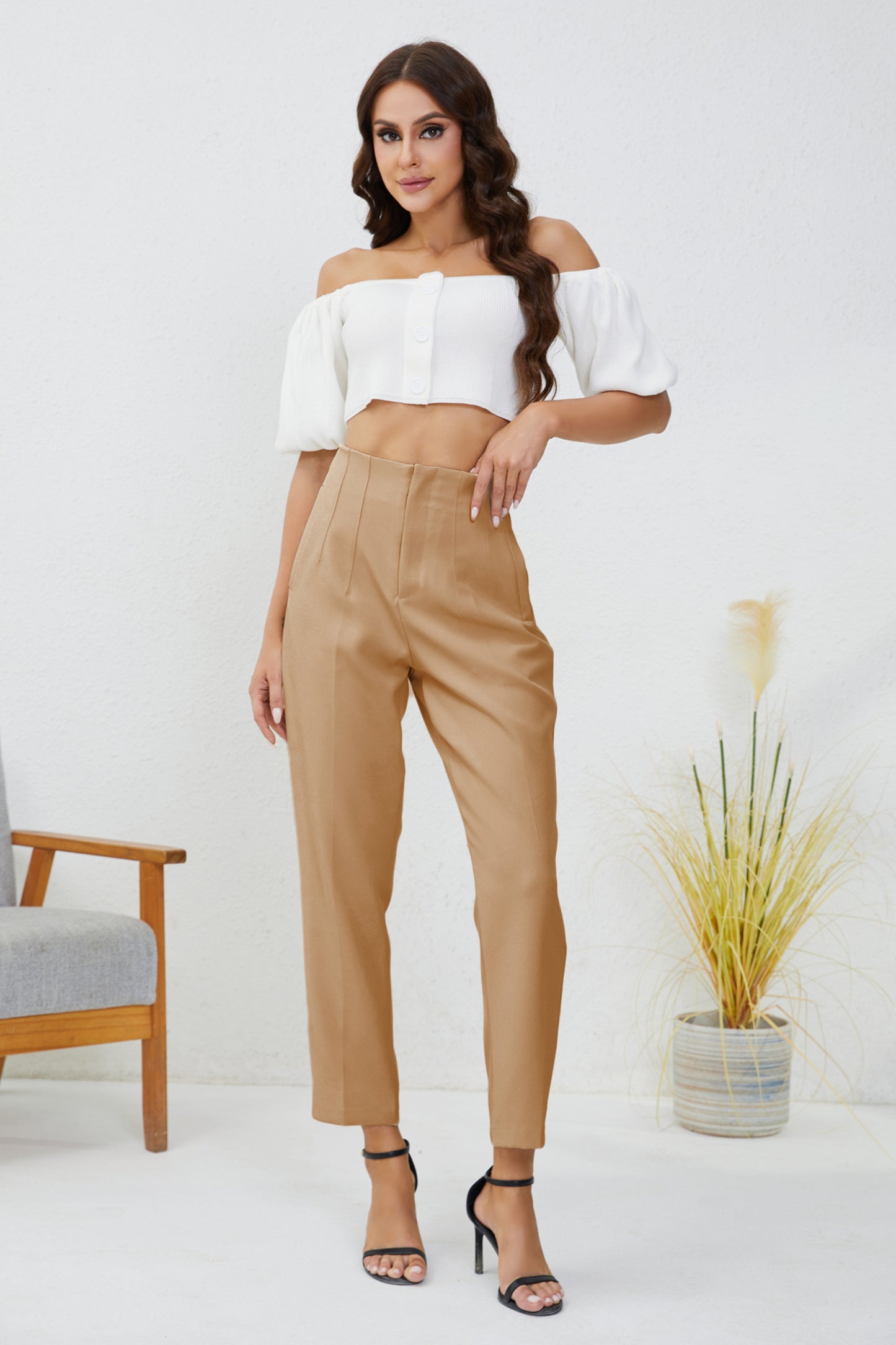 JEAAMKSSER Women's High Waisted Business Trousers Straight Leg Pleated Office Slacks Pants Khaki