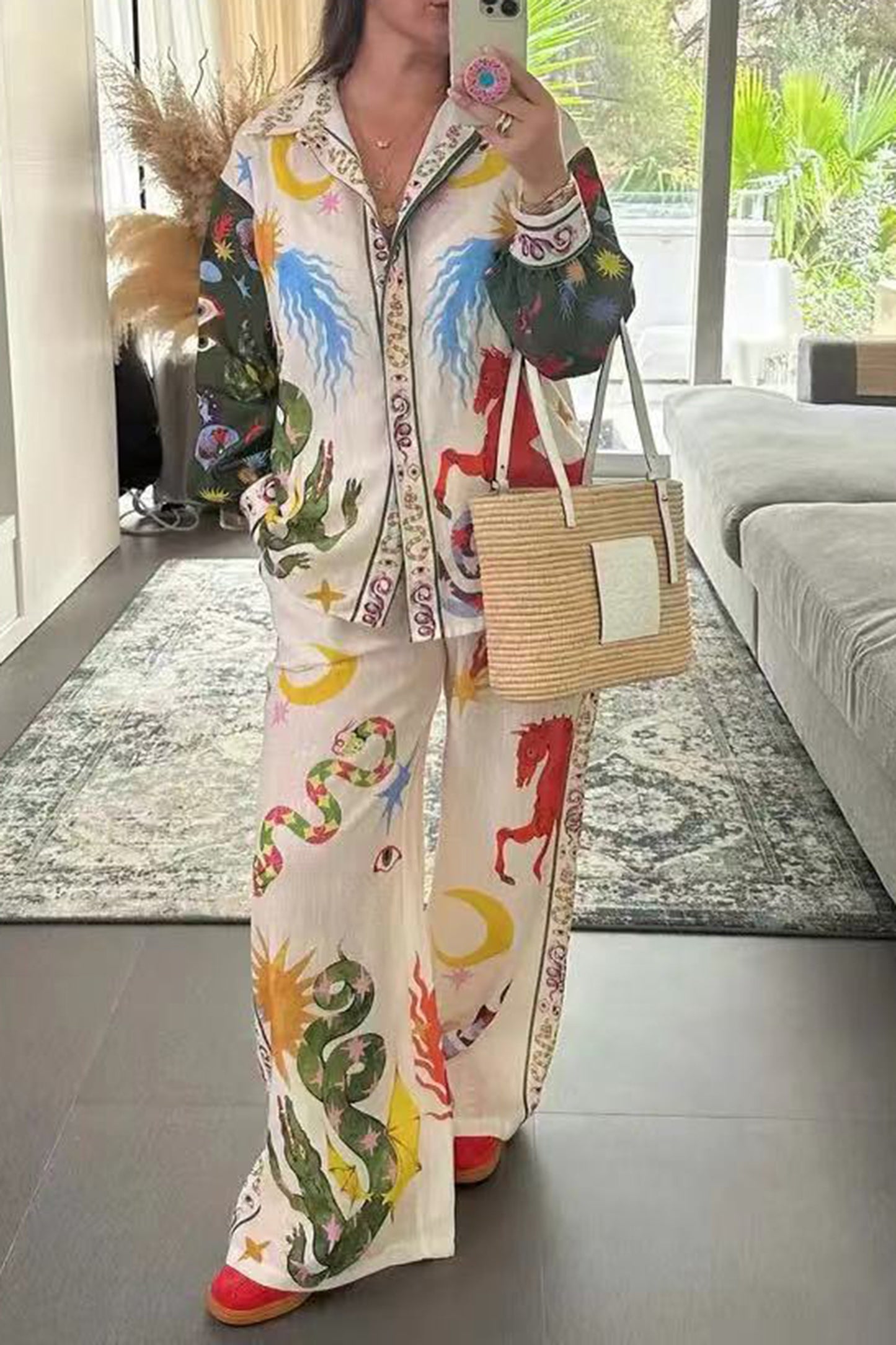 JEAAMKSSER Women's Print Two Piece Outfit Sets Summer Oversized Long Sleeve Button Up Pajama sets Beach Wear