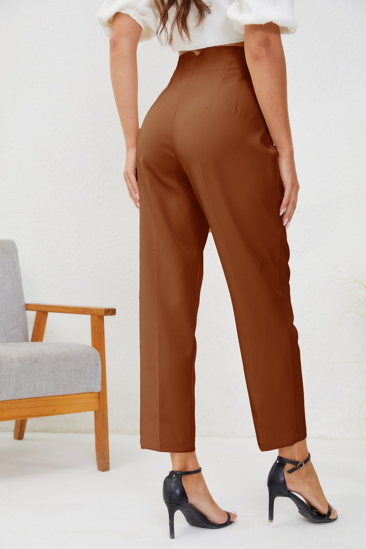 JEAAMKSSER Women's High Waisted Business Trousers Straight Leg Pleated Office Slacks Pants Brown