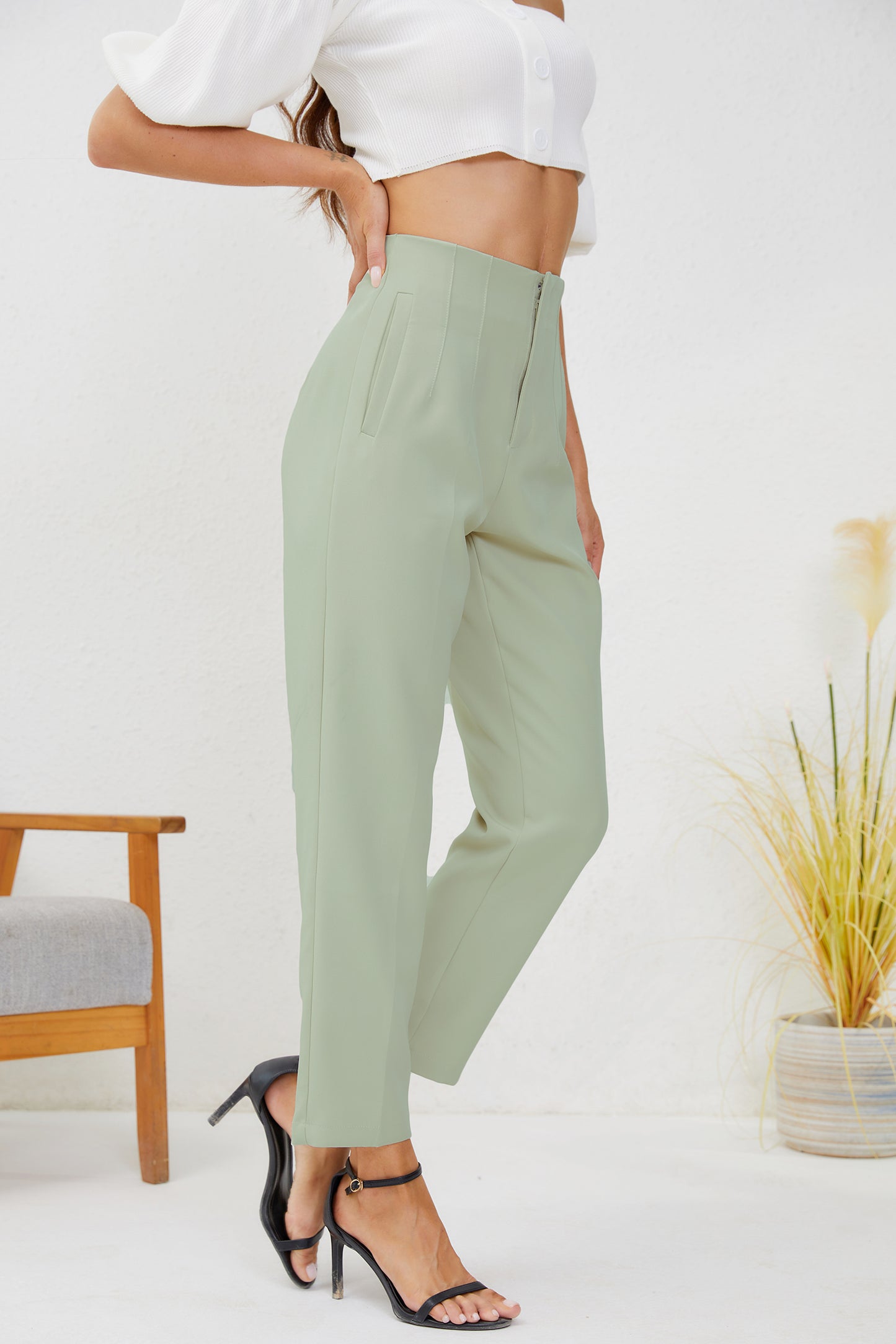 JEAAMKSSER Women's High Waisted Business Trousers Straight Leg Pleated Office Slacks Pants Light Green