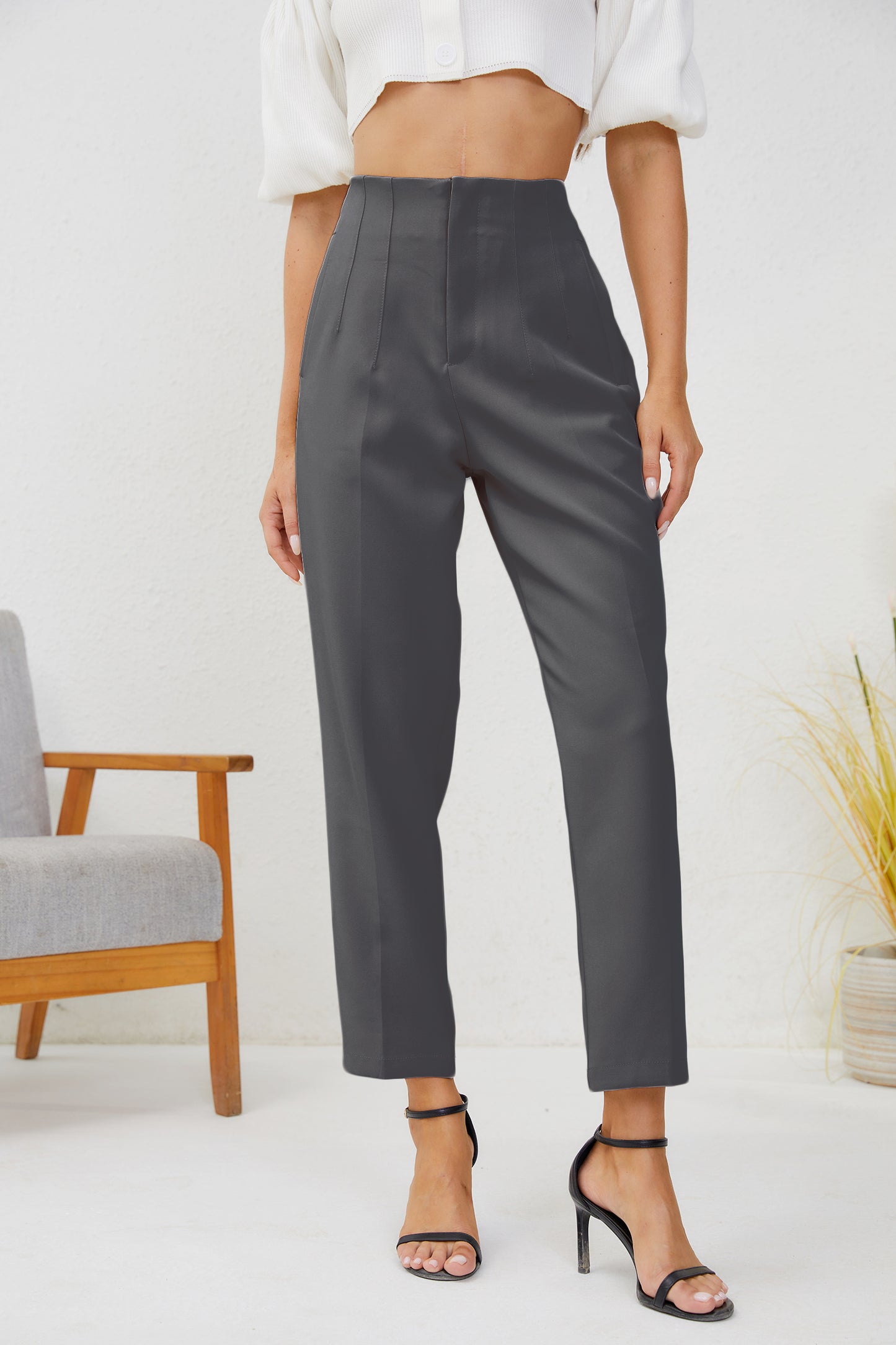 JEAAMKSSER Women's High Waisted Business Trousers Straight Leg Pleated Office Slacks Pants Dark Gray