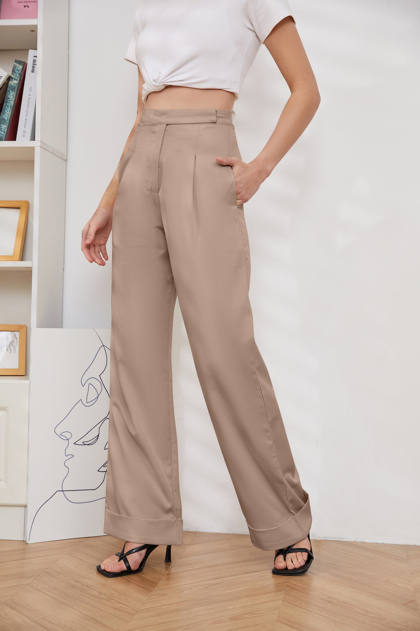 JEAAMKSSER Women’s Wide Leg Trousers Pants High Waisted Black Business Work Straight Leg Long Pants khaki