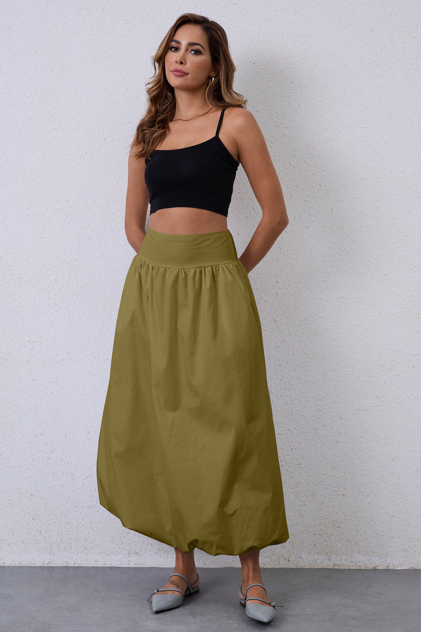 JEAAMKSSER Y2K Bubble Maxi Skirts for Women A Line Long Pleated Casual Summer Skirts 2024 Elastic Waist Balloon Midi Skirt