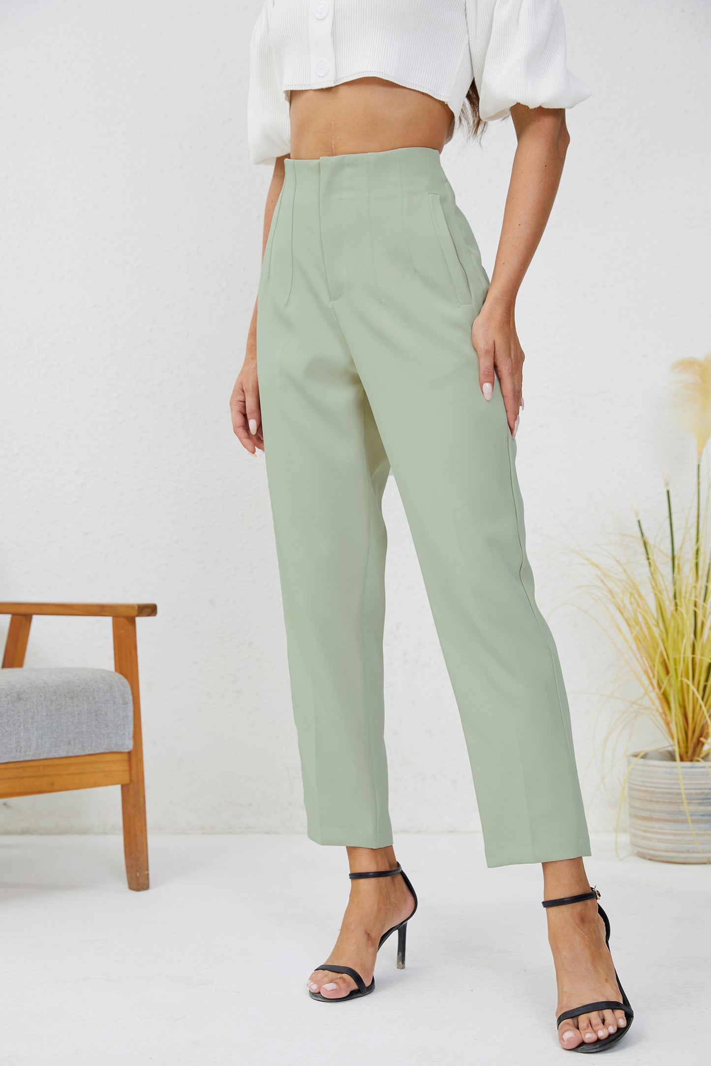 JEAAMKSSER Women's High Waisted Business Trousers Straight Leg Pleated Office Slacks Pants Light Green