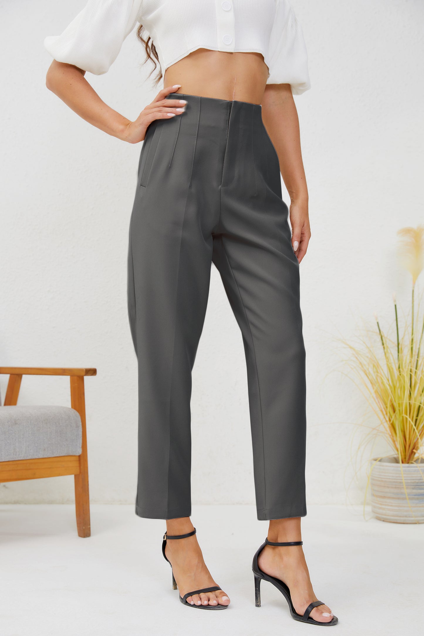 JEAAMKSSER Women's High Waisted Business Trousers Straight Leg Pleated Office Slacks Pants Dark Gray