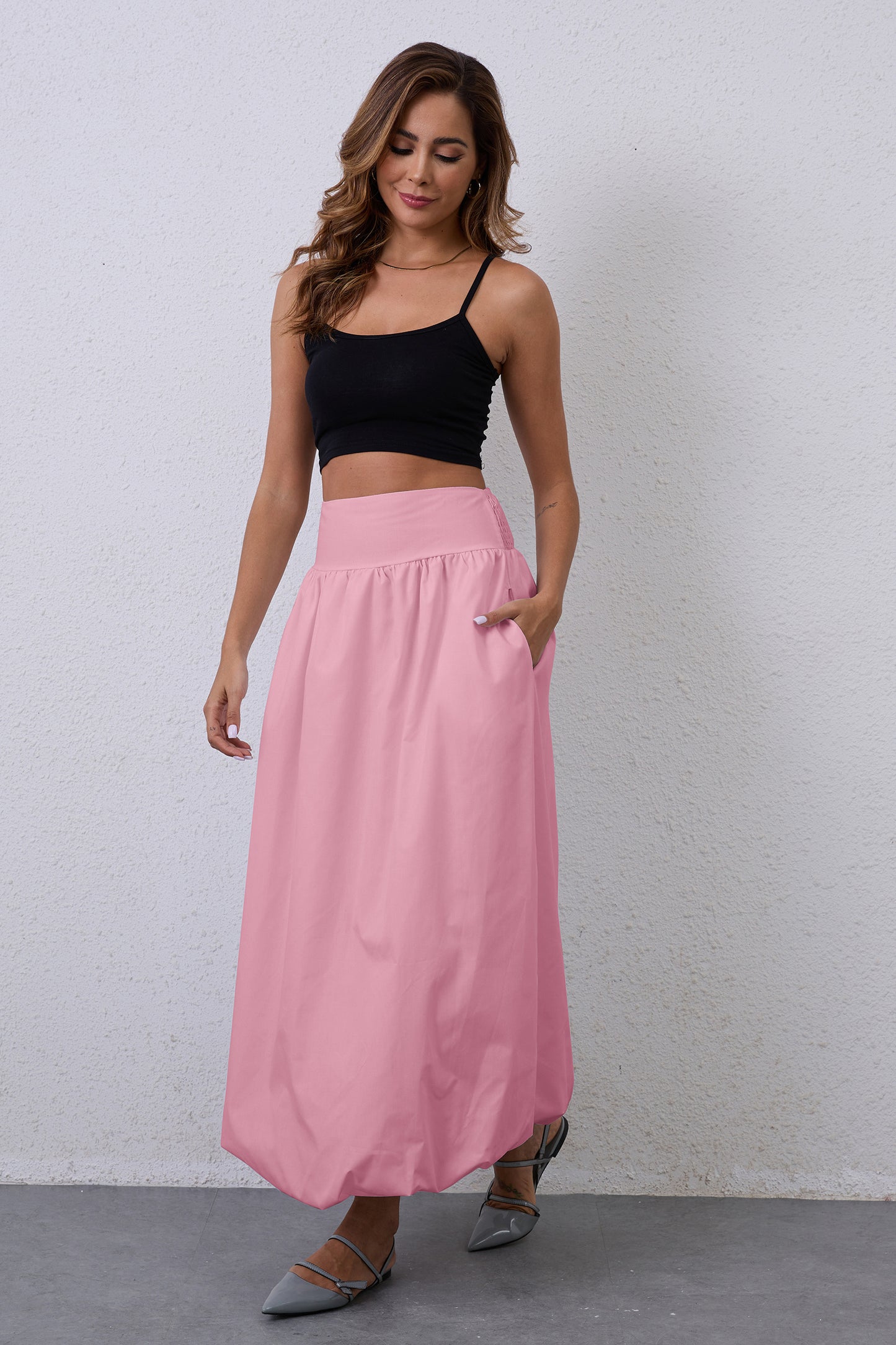 JEAAMKSSER Y2K Bubble Maxi Skirts for Women A Line Long Pleated Casual Summer Skirts 2024 Elastic Waist Balloon Midi Skirt