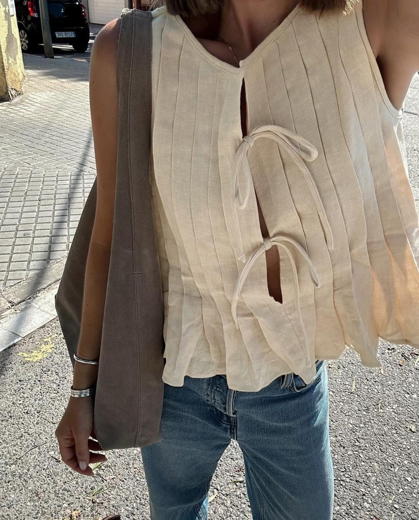 JEAAMKSSER Tie Front Tank Tops for Women Y2K Bow Sleeveless Coquette Pleated Ruffle Shirts Summer 2024 Babydoll Top