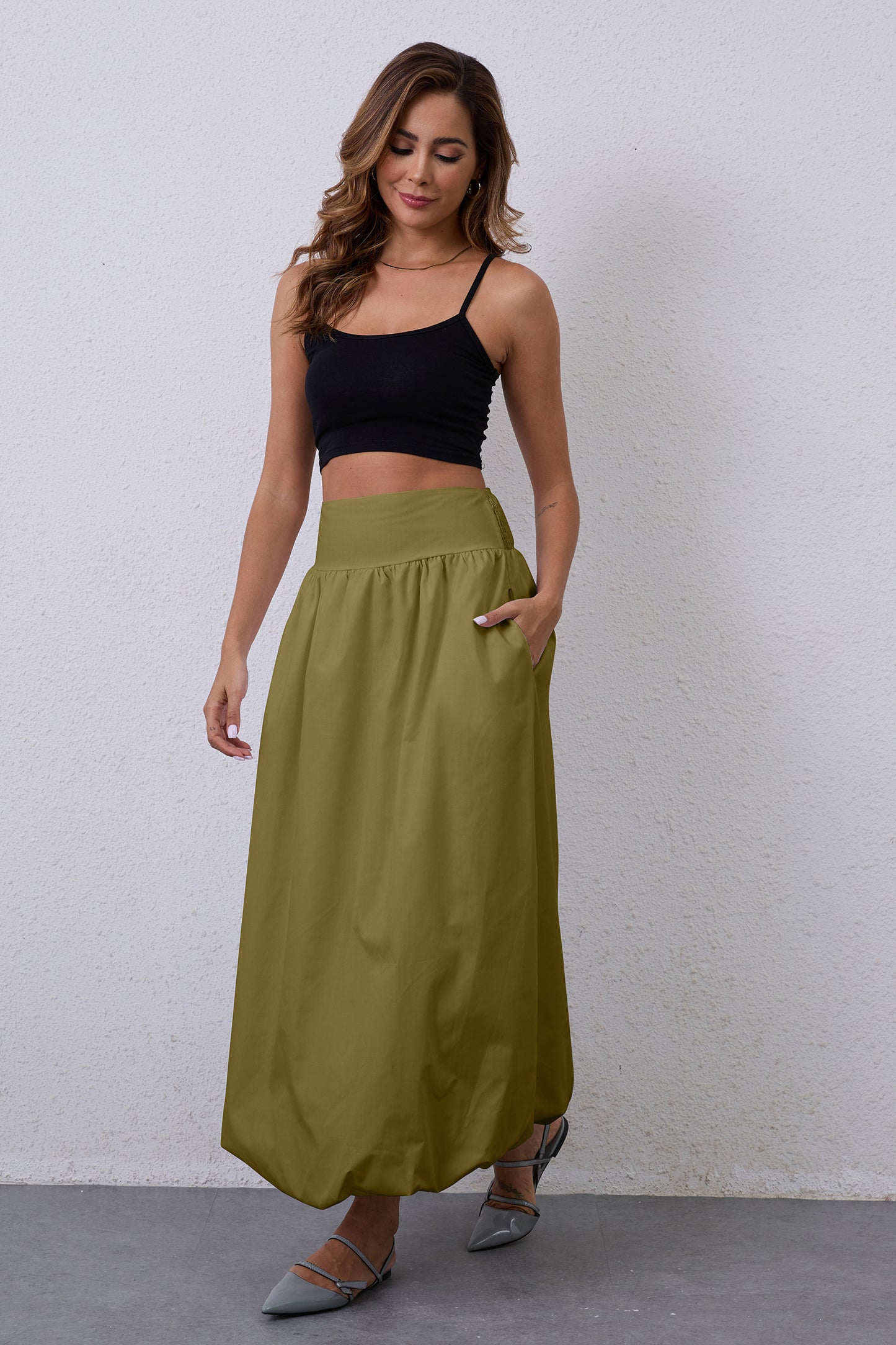 JEAAMKSSER Y2K Bubble Maxi Skirts for Women A Line Long Pleated Casual Summer Skirts 2024 Elastic Waist Balloon Midi Skirt