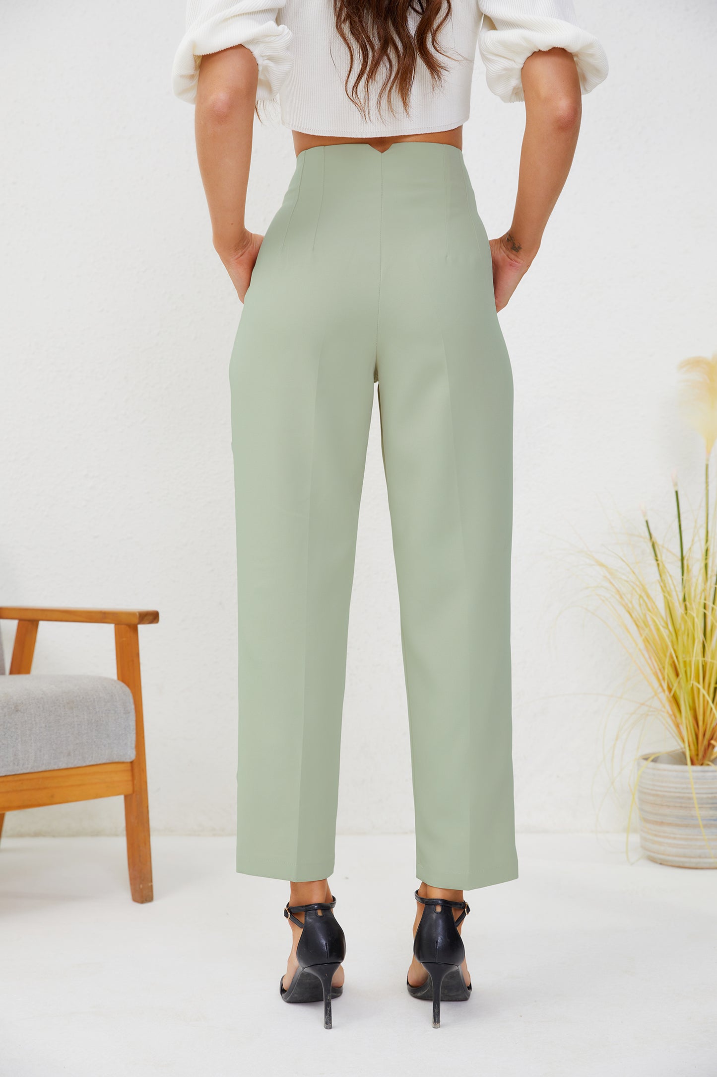 JEAAMKSSER Women's High Waisted Business Trousers Straight Leg Pleated Office Slacks Pants Light Green