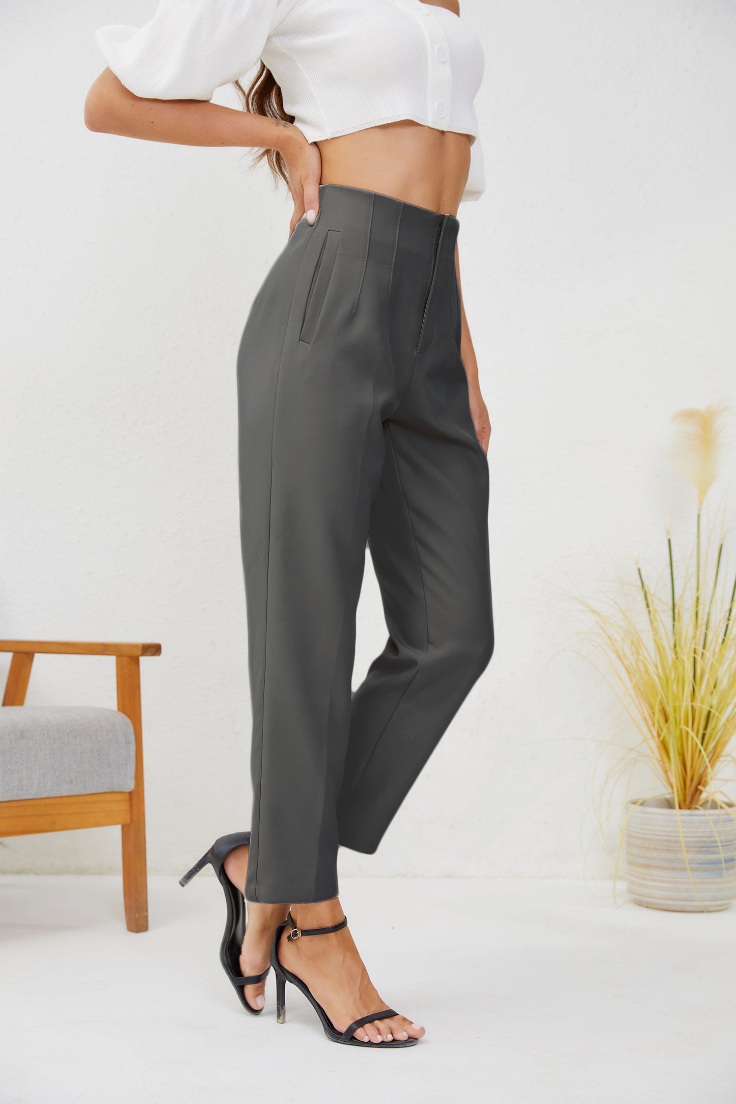 JEAAMKSSER Women's High Waisted Business Trousers Straight Leg Pleated Office Slacks Pants Dark Gray