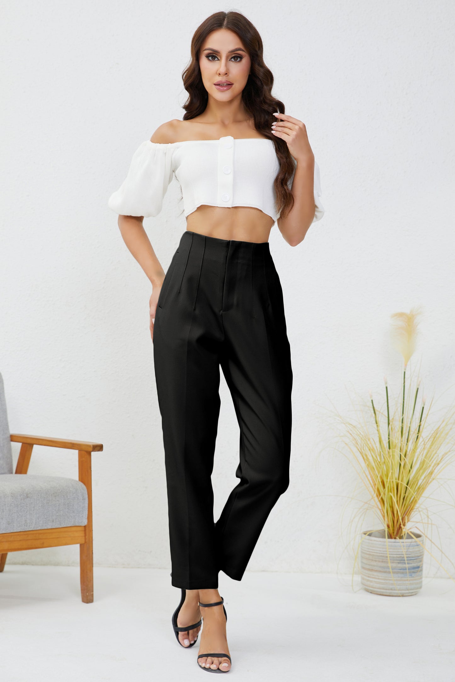 JEAAMKSSER Women's High Waisted Business Trousers Straight Leg Pleated Office Slacks Pants Black