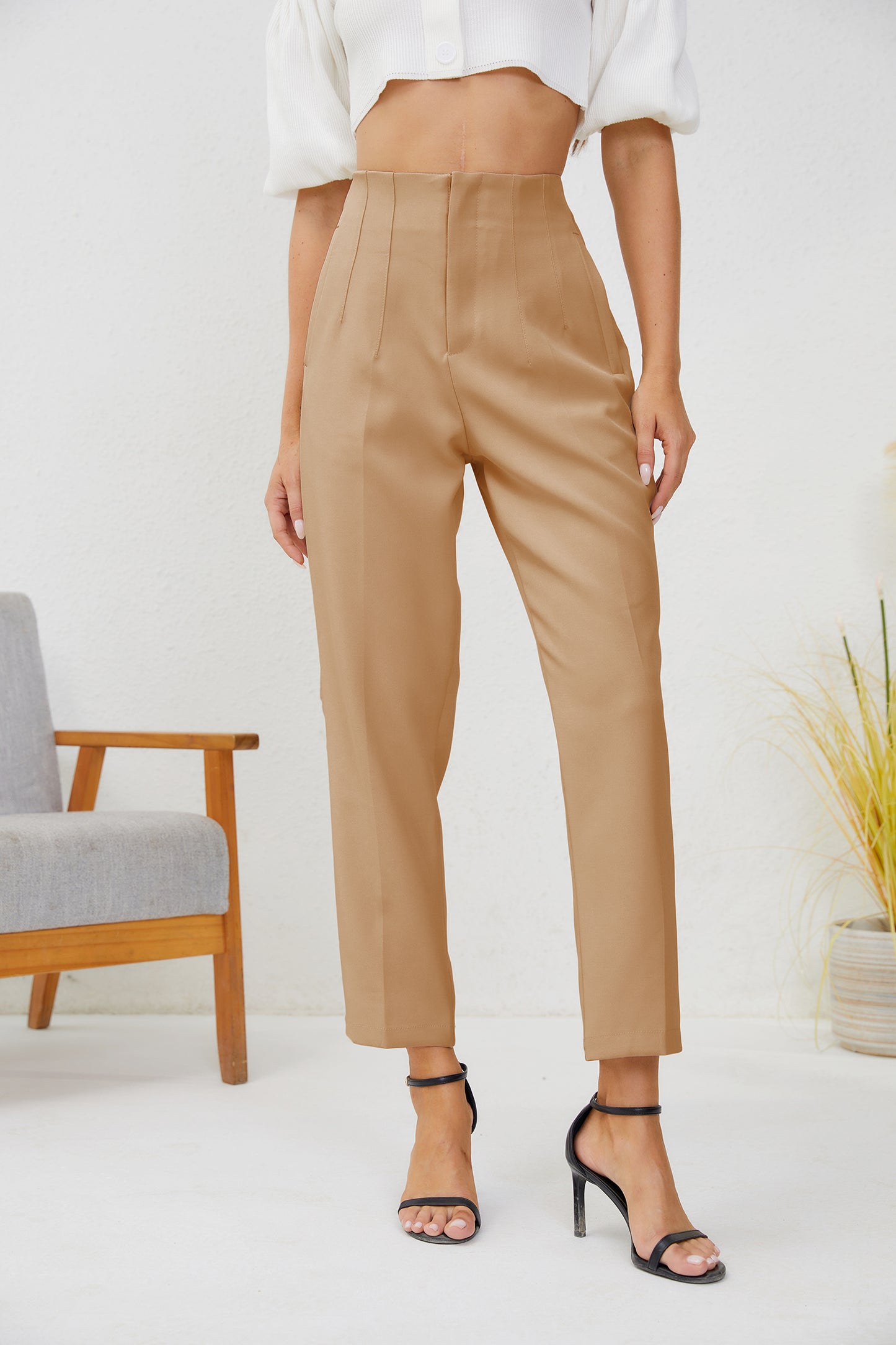 JEAAMKSSER Women's High Waisted Business Trousers Straight Leg Pleated Office Slacks Pants Khaki