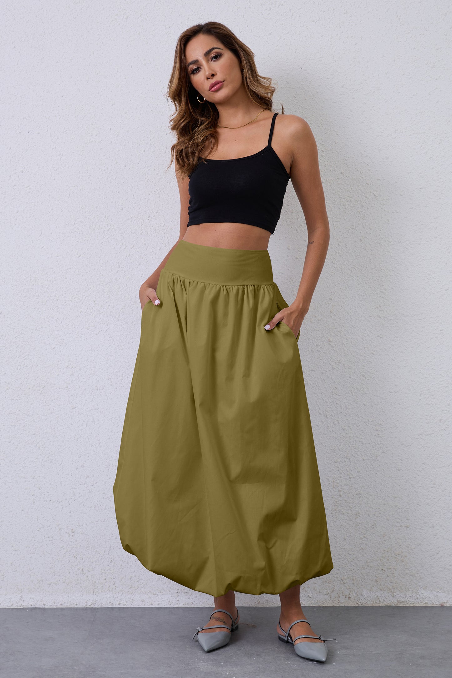 JEAAMKSSER Y2K Bubble Maxi Skirts for Women A Line Long Pleated Casual Summer Skirts 2024 Elastic Waist Balloon Midi Skirt