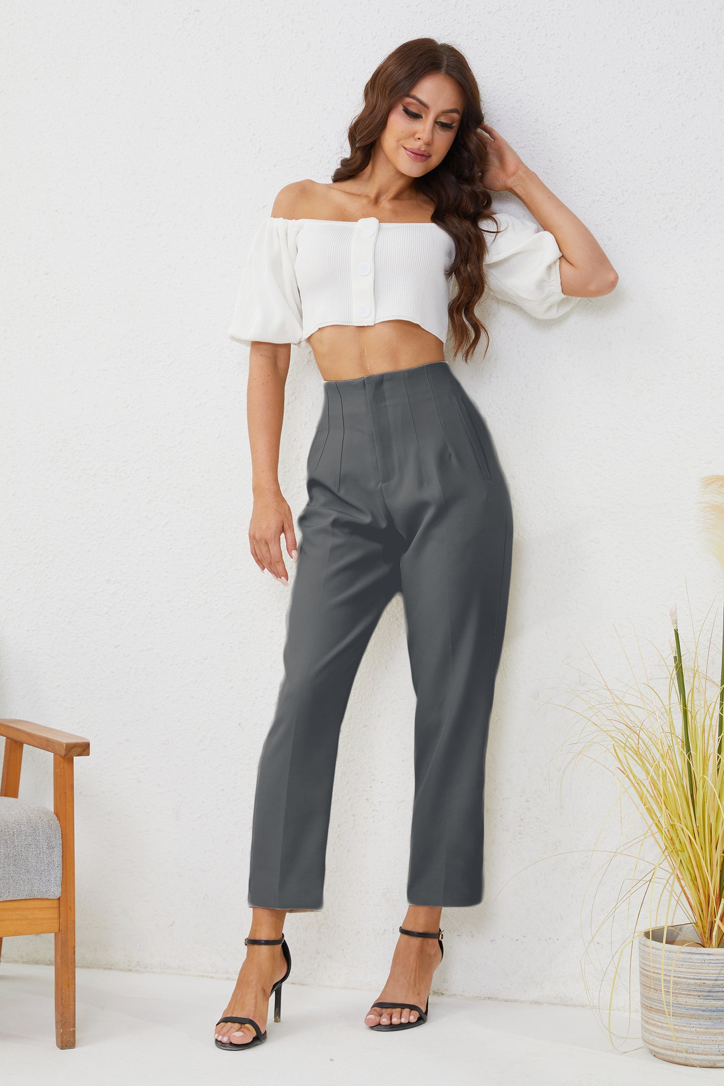 JEAAMKSSER Women's High Waisted Business Trousers Straight Leg Pleated Office Slacks Pants Dark Gray