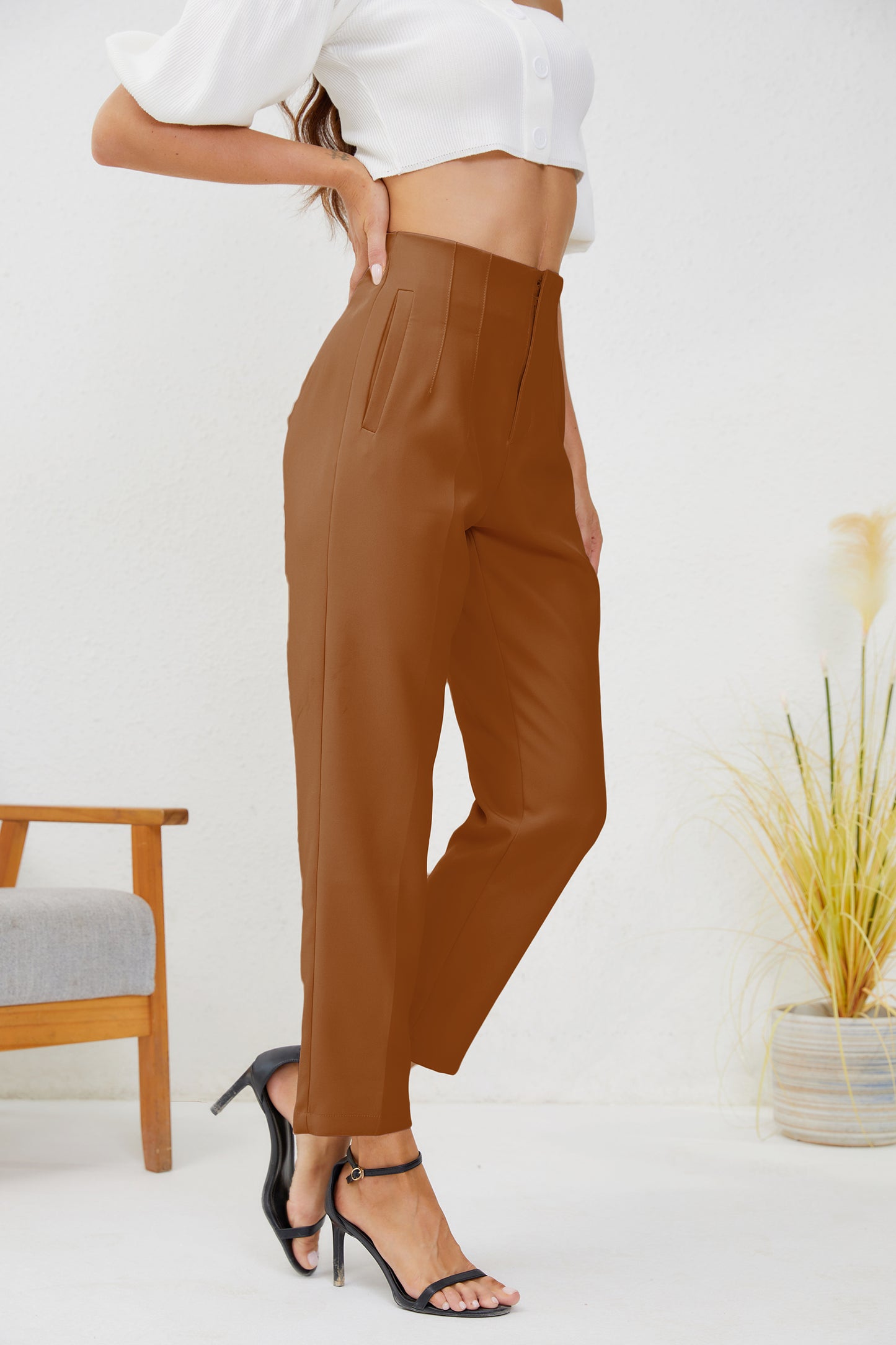 JEAAMKSSER Women's High Waisted Business Trousers Straight Leg Pleated Office Slacks Pants Brown