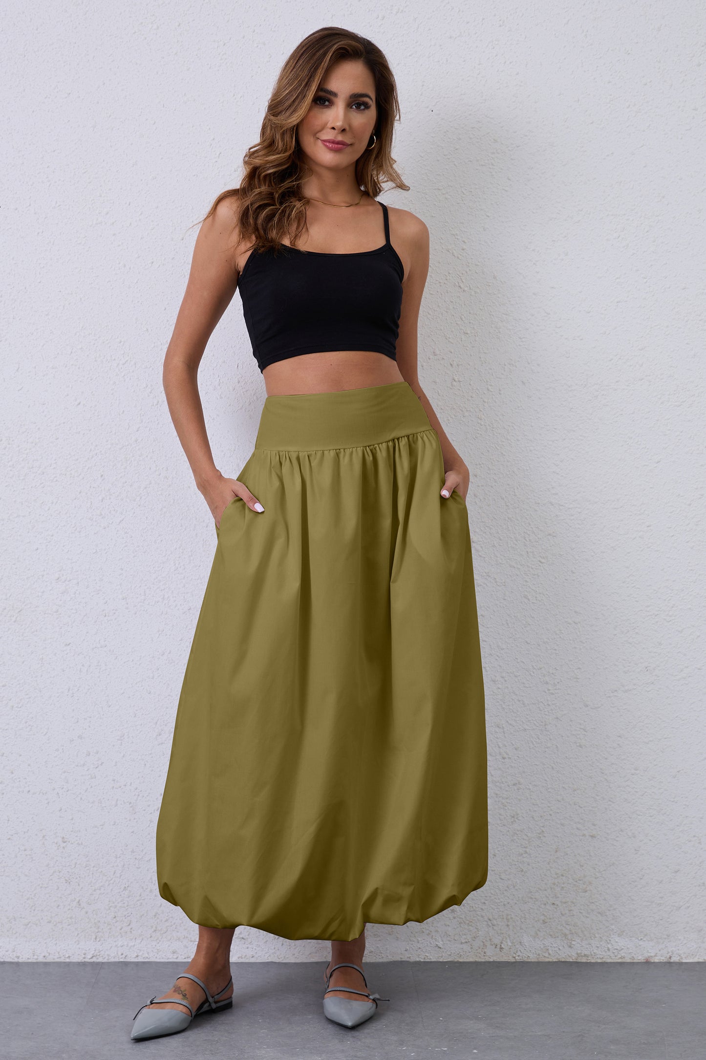 JEAAMKSSER Y2K Bubble Maxi Skirts for Women A Line Long Pleated Casual Summer Skirts 2024 Elastic Waist Balloon Midi Skirt