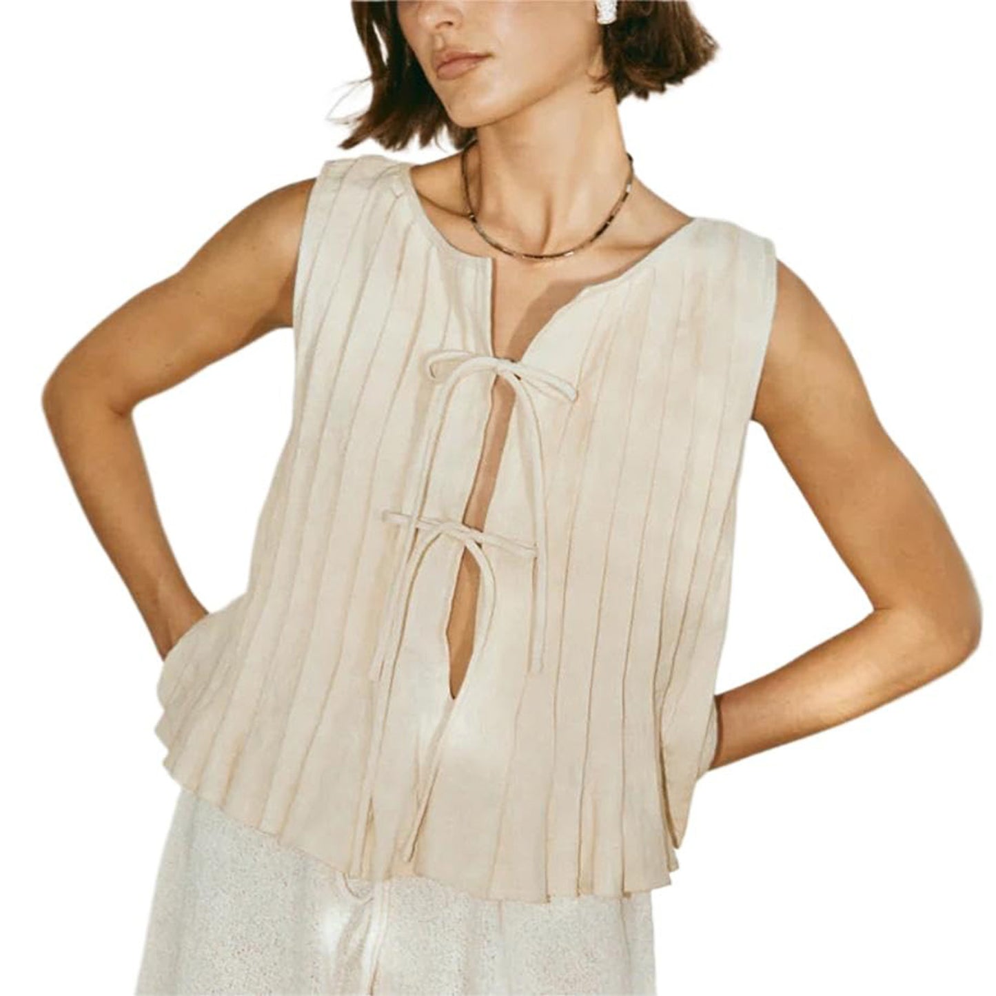 JEAAMKSSER Tie Front Tank Tops for Women Y2K Bow Sleeveless Coquette Pleated Ruffle Shirts Summer 2024 Babydoll Top