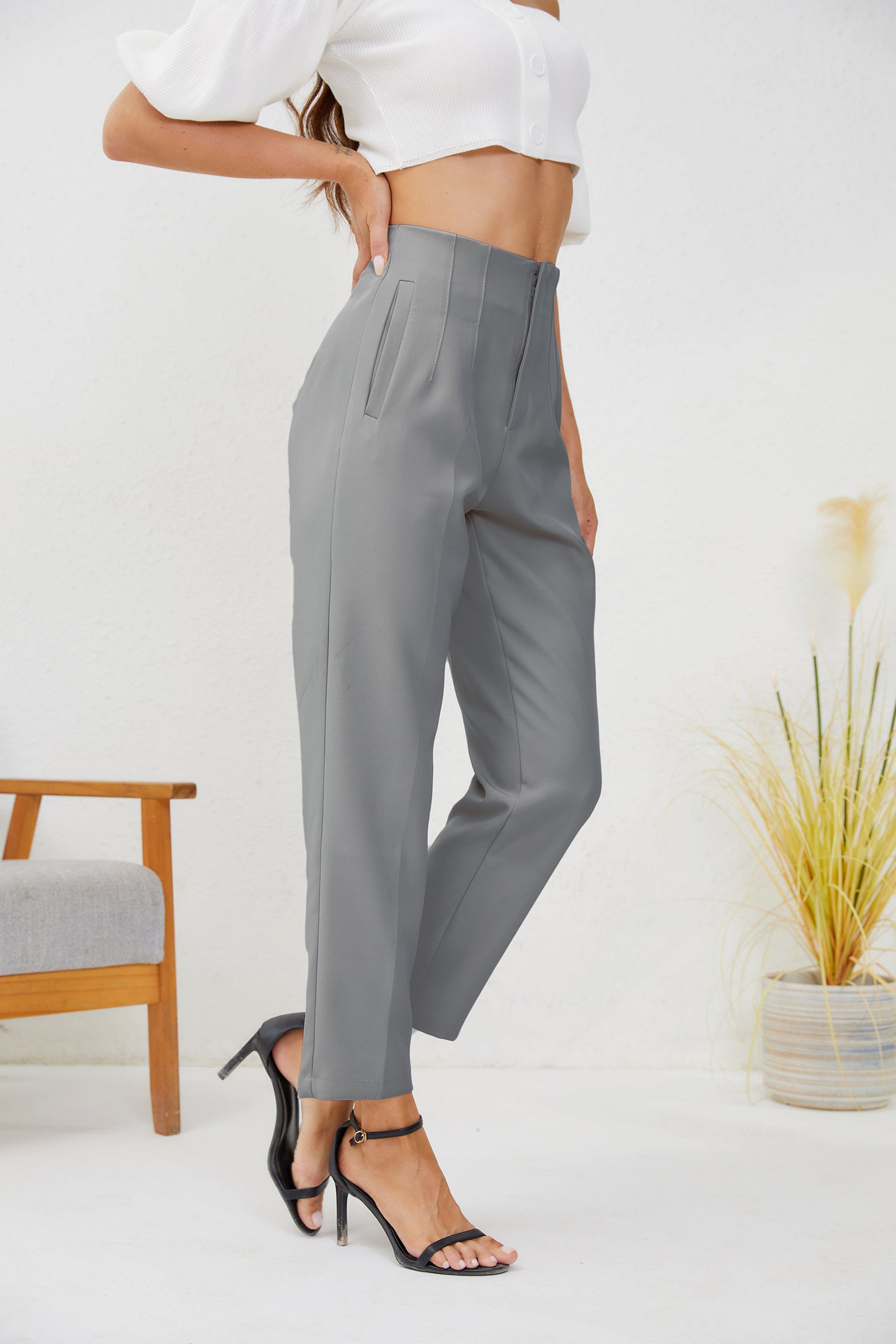 JEAAMKSSER Women's High Waisted Business Trousers Straight Leg Pleated Office Slacks Pants Gray