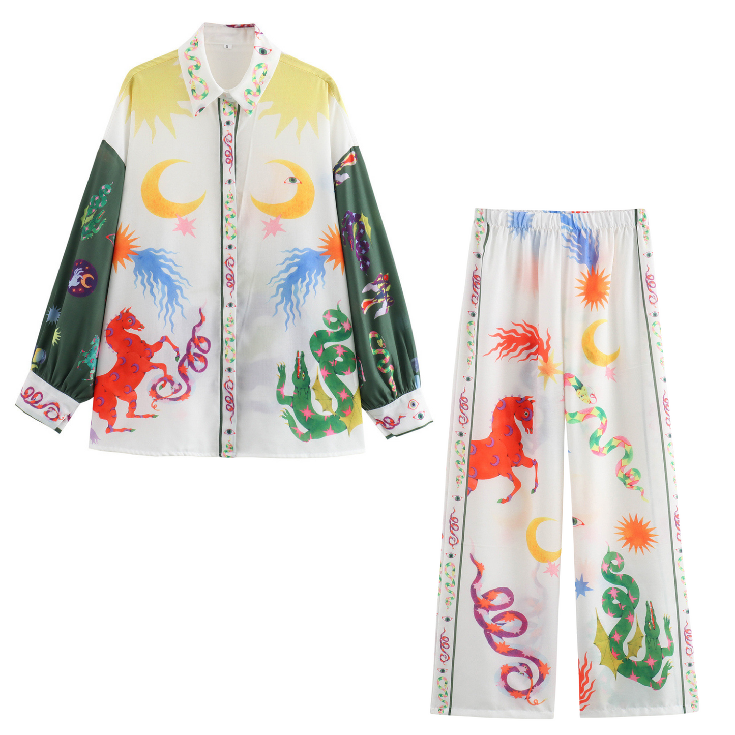 JEAAMKSSER Women's Print Two Piece Outfit Sets Summer Oversized Long Sleeve Button Up Pajama sets Beach Wear