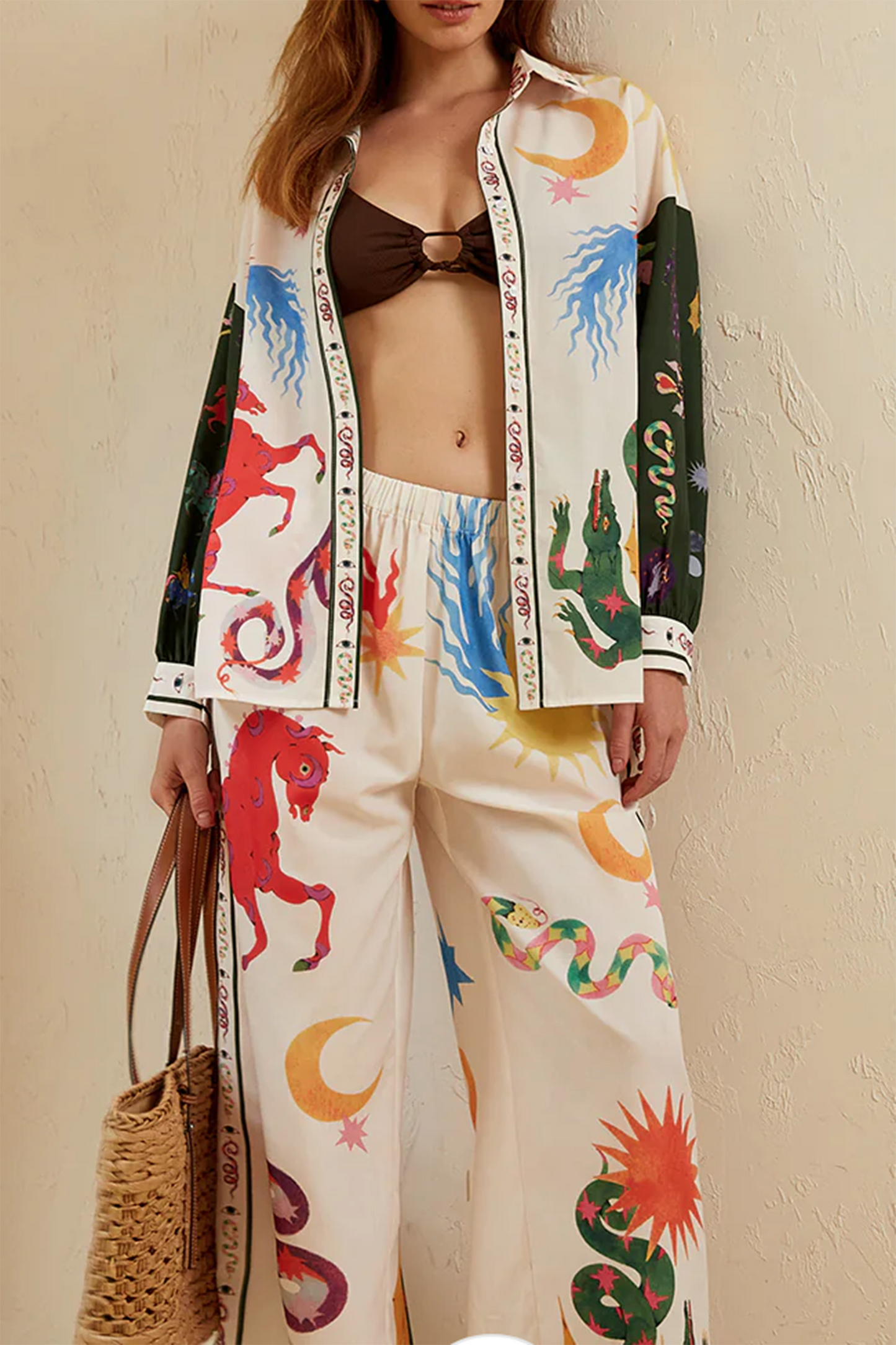 JEAAMKSSER Women's Print Two Piece Outfit Sets Summer Oversized Long Sleeve Button Up Pajama sets Beach Wear