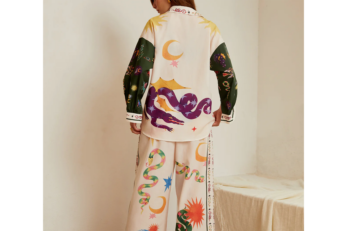 JEAAMKSSER Women's Print Two Piece Outfit Sets Summer Oversized Long Sleeve Button Up Pajama sets Beach Wear