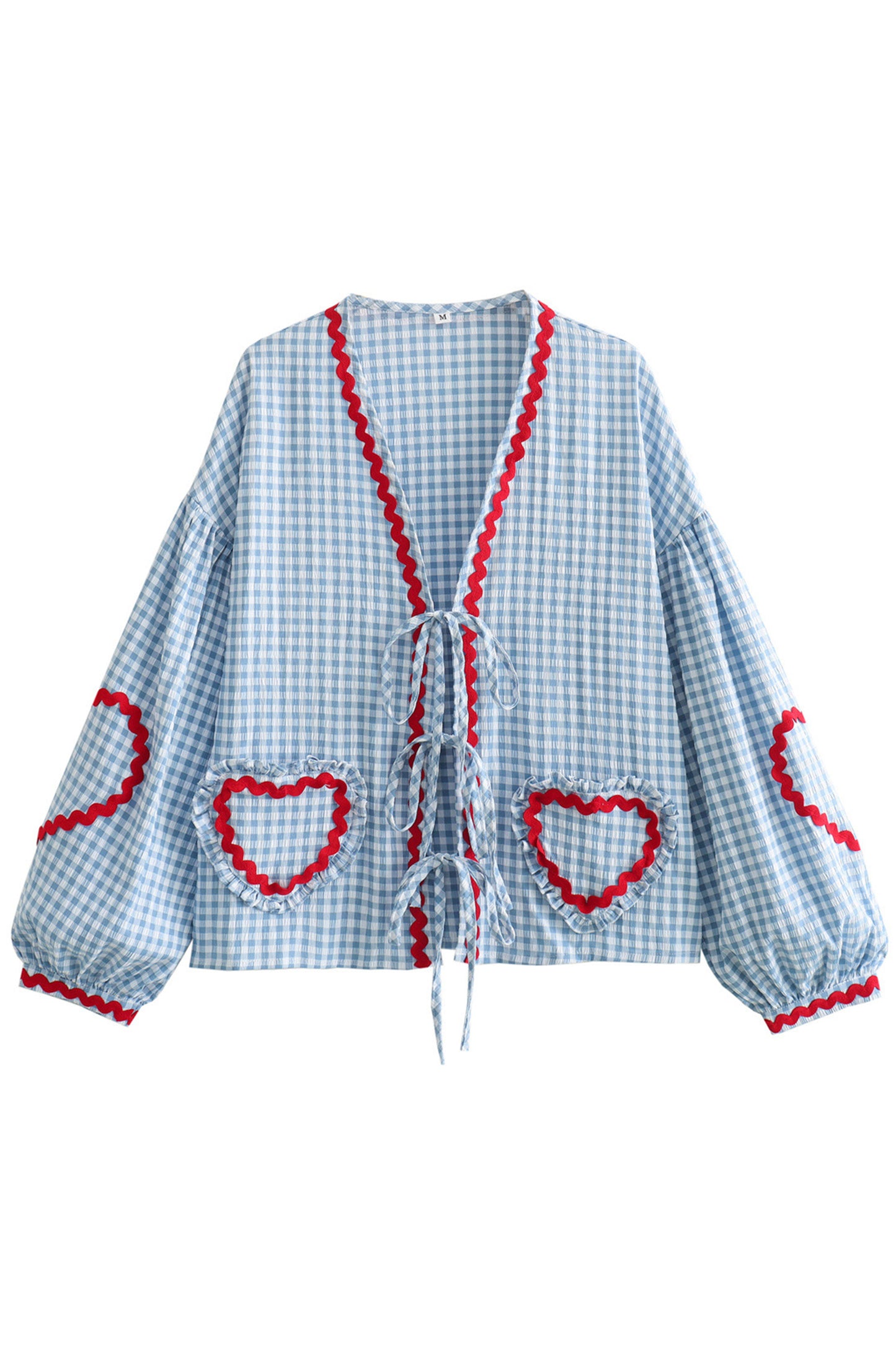 JEAAMKSSER Gingham Tie Front Blouse Tops for Women Y2K Babydoll Coquette Bow Cute Puff Shirts Long Sleeve Blue