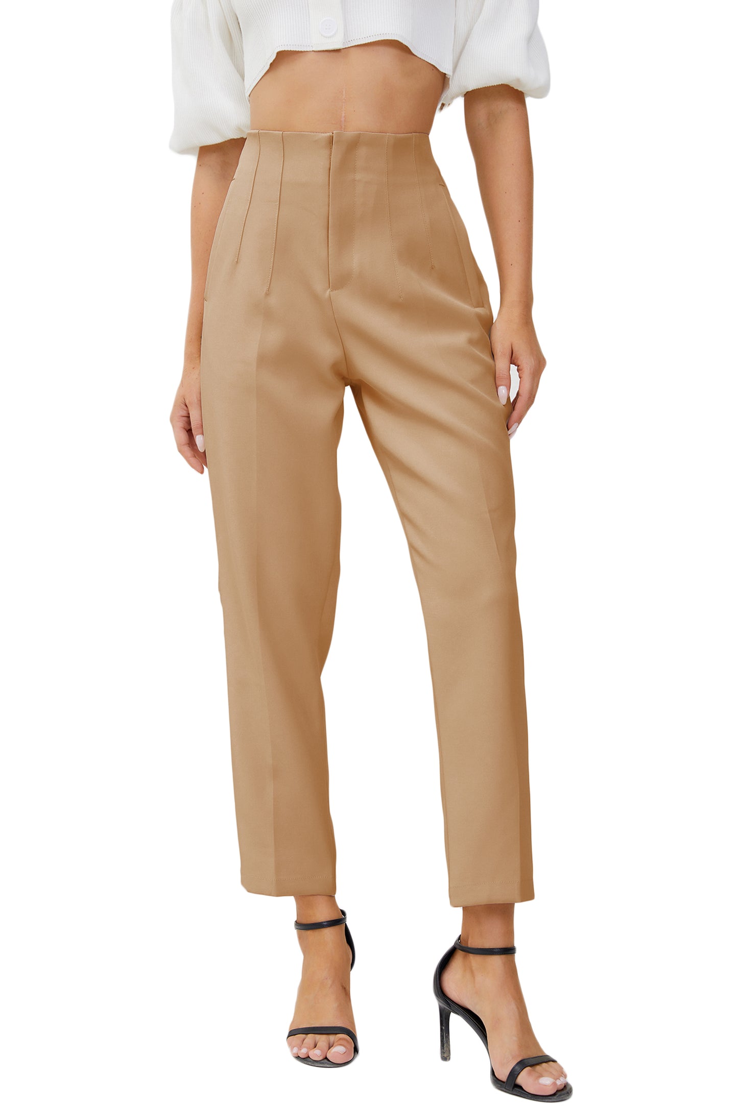 JEAAMKSSER Women's High Waisted Business Trousers Straight Leg Pleated Office Slacks Pants Khaki
