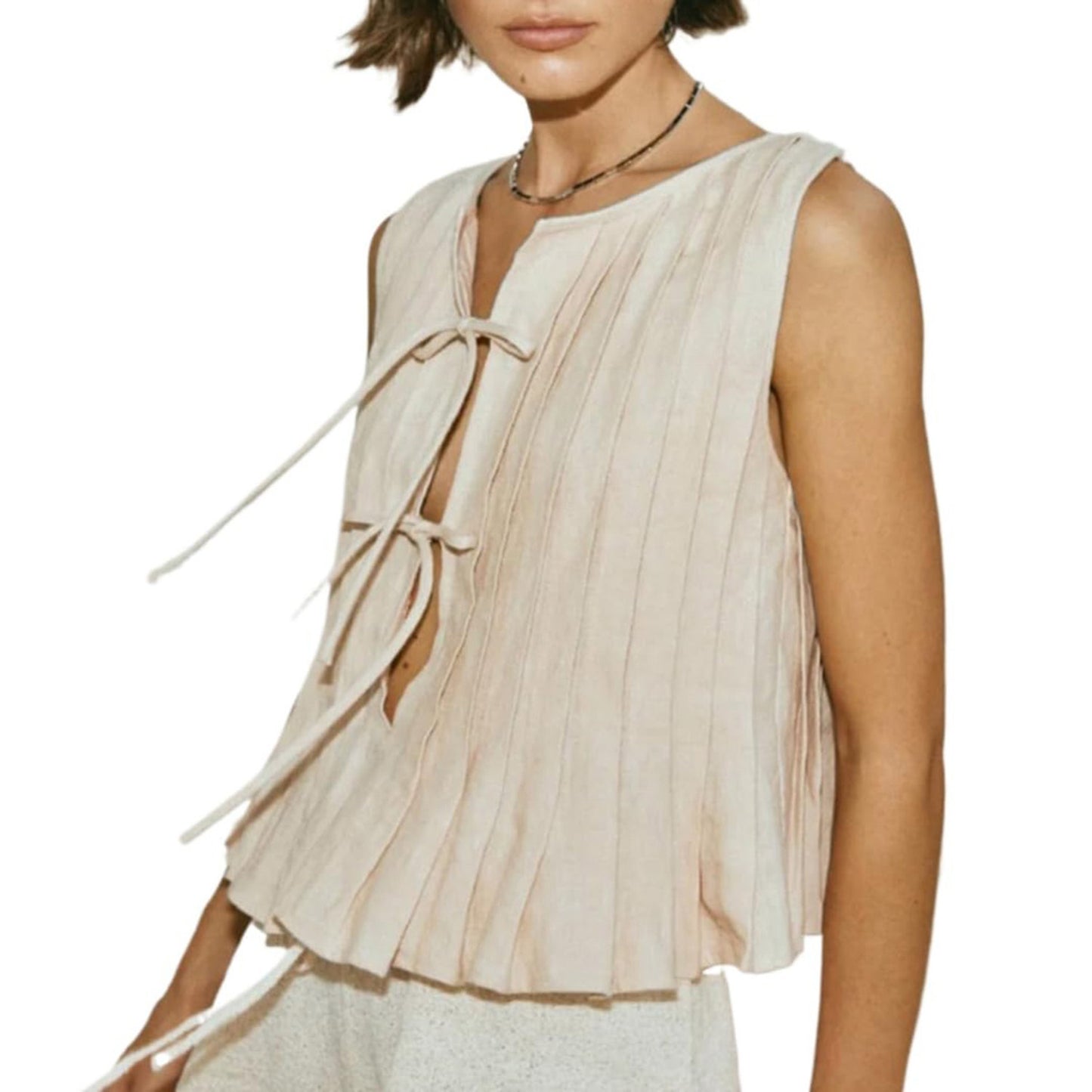 JEAAMKSSER Tie Front Tank Tops for Women Y2K Bow Sleeveless Coquette Pleated Ruffle Shirts Summer 2024 Babydoll Top