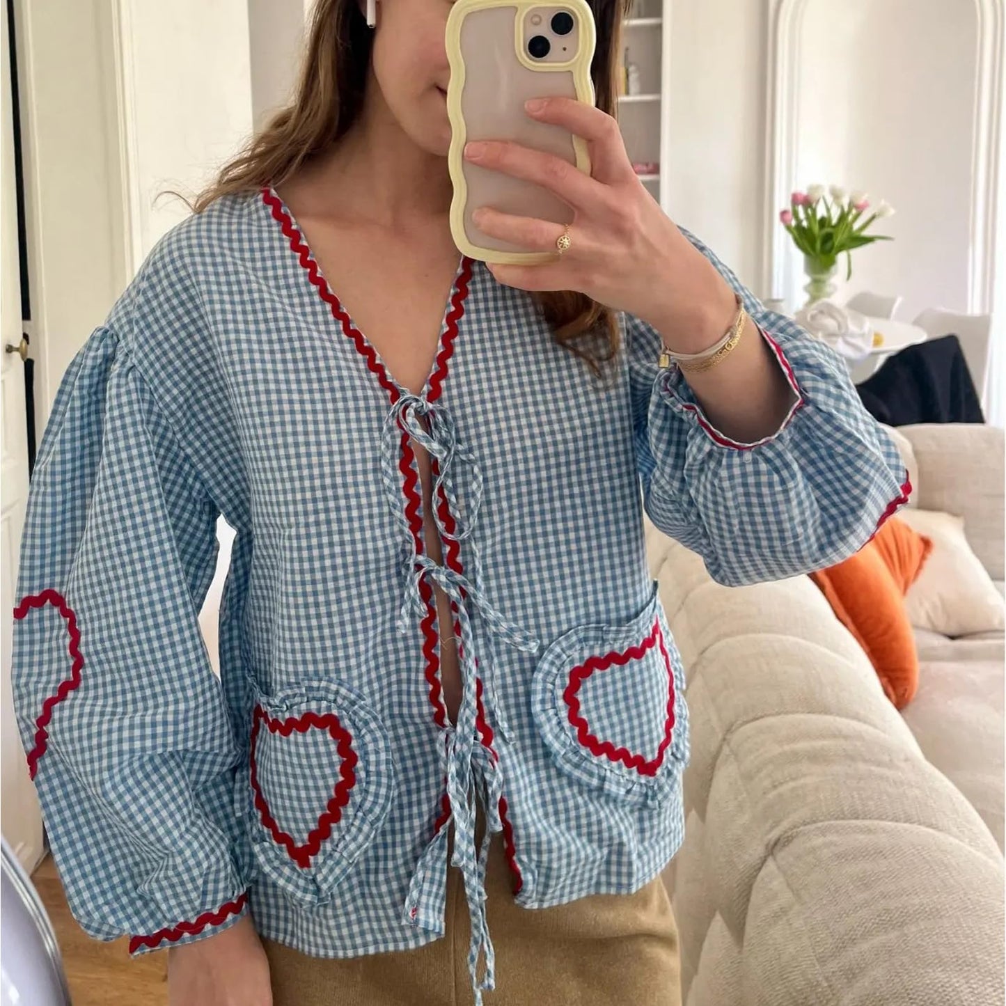 JEAAMKSSER Gingham Tie Front Blouse Tops for Women Y2K Babydoll Coquette Bow Cute Puff Shirts Long Sleeve Blue