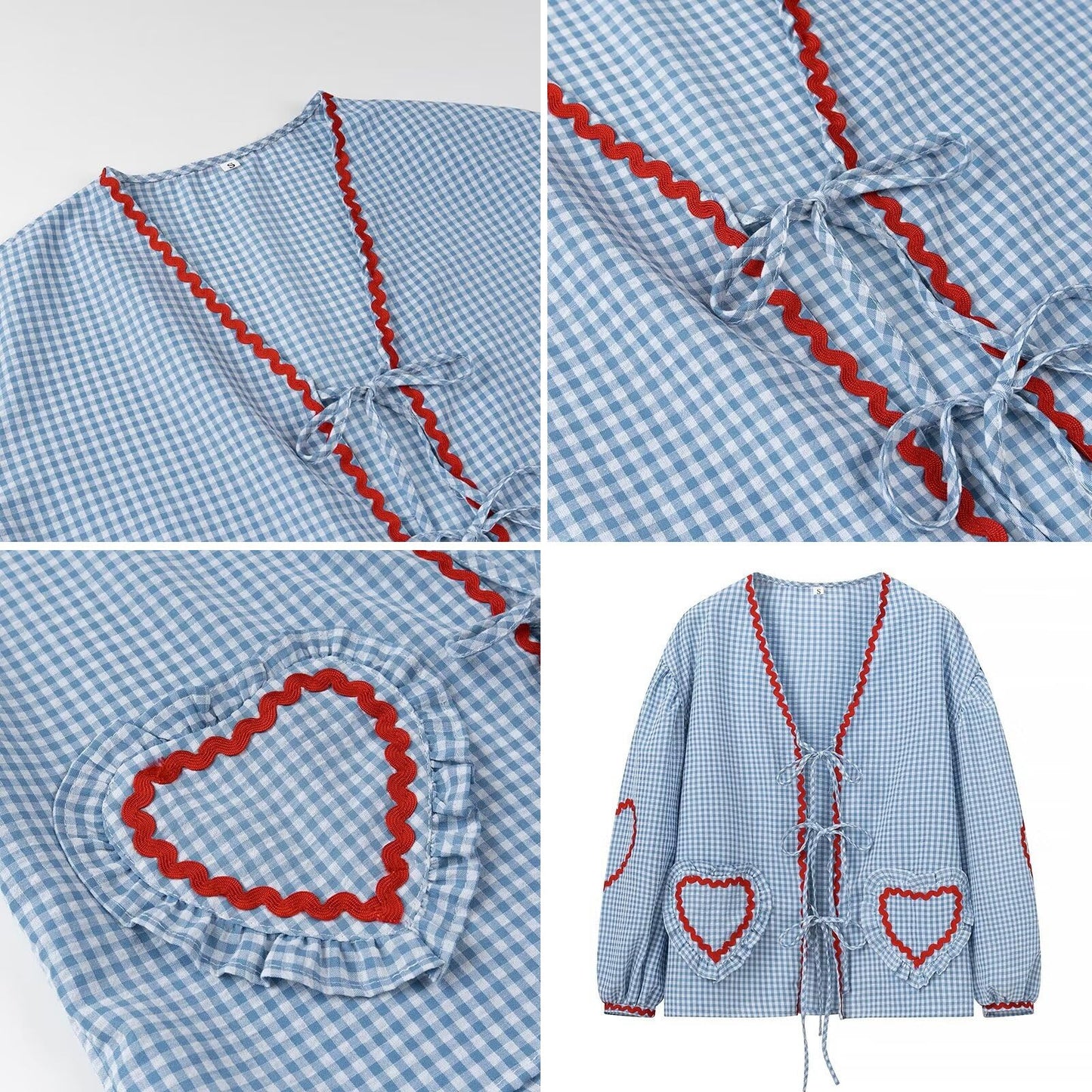 JEAAMKSSER Gingham Tie Front Blouse Tops for Women Y2K Babydoll Coquette Bow Cute Puff Shirts Long Sleeve Blue