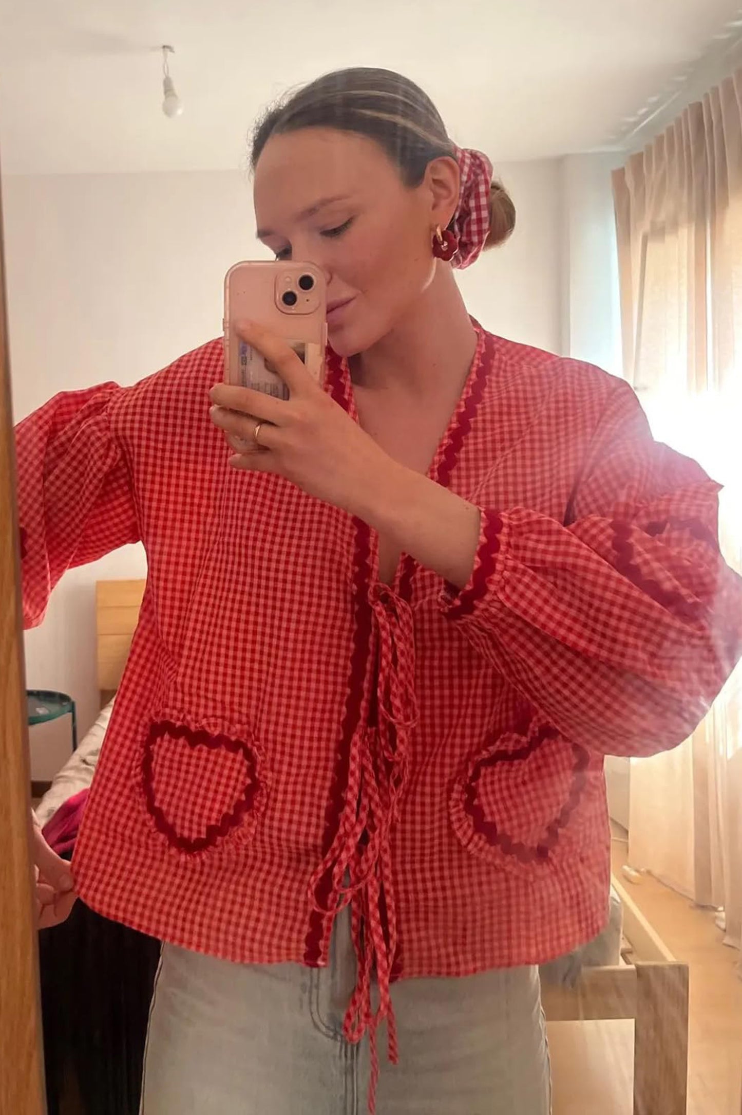 JEAAMKSSER Gingham Tie Front Blouse Tops for Women Y2K Babydoll Coquette Bow Cute Puff Shirts Long Sleeve Red