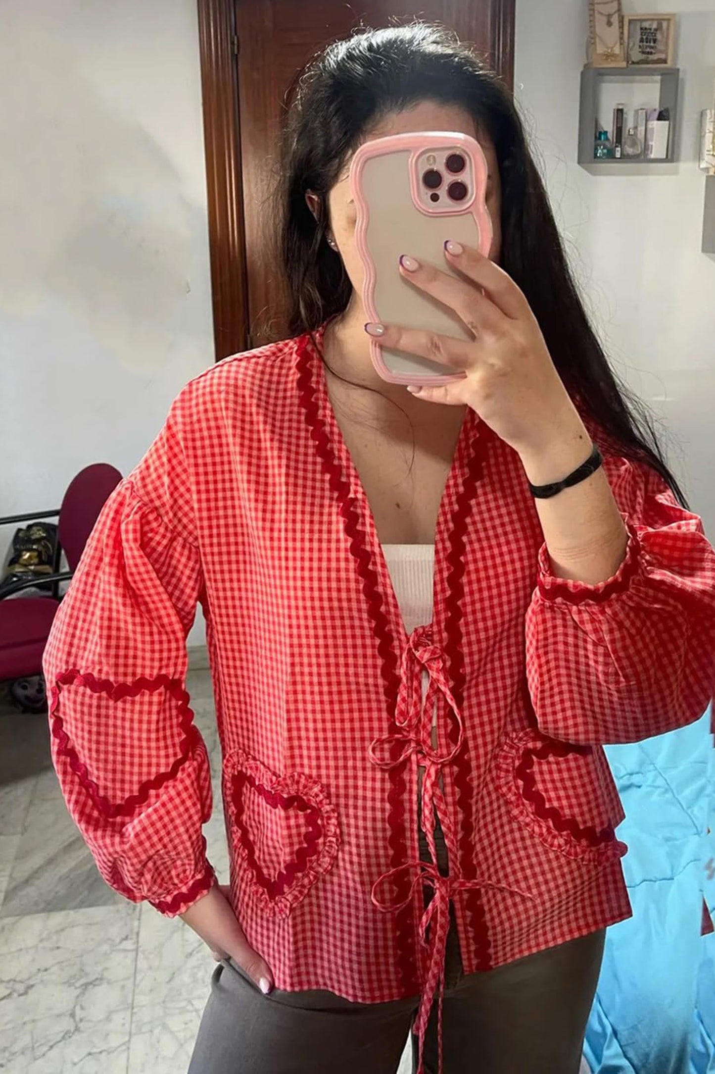 JEAAMKSSER Gingham Tie Front Blouse Tops for Women Y2K Babydoll Coquette Bow Cute Puff Shirts Long Sleeve Red