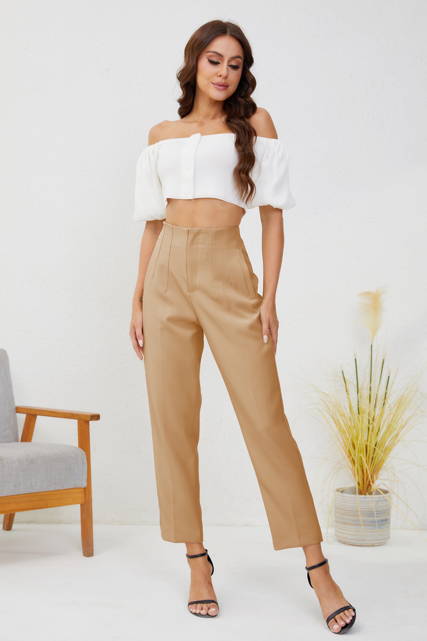 JEAAMKSSER Women's High Waisted Business Trousers Straight Leg Pleated Office Slacks Pants Khaki