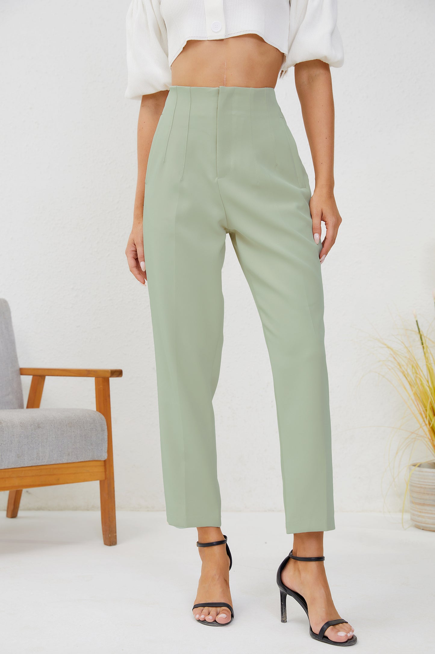 JEAAMKSSER Women's High Waisted Business Trousers Straight Leg Pleated Office Slacks Pants Light Green