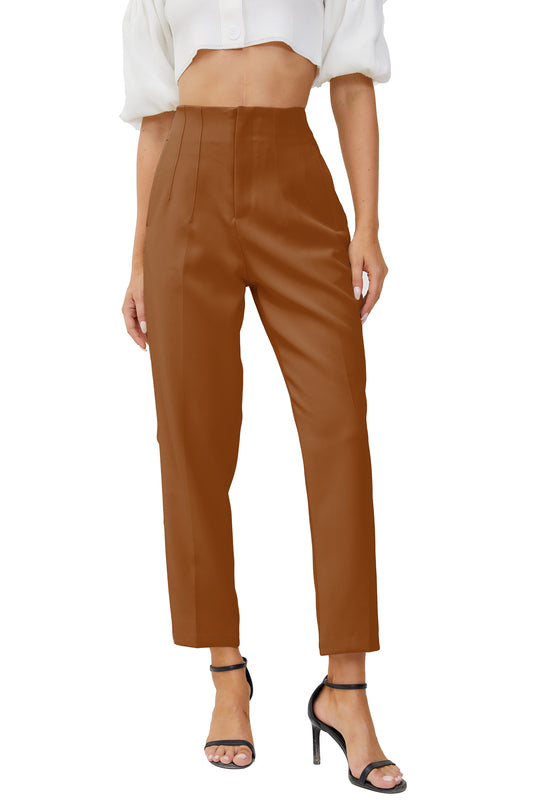 JEAAMKSSER Women's High Waisted Business Trousers Straight Leg Pleated Office Slacks Pants Brown