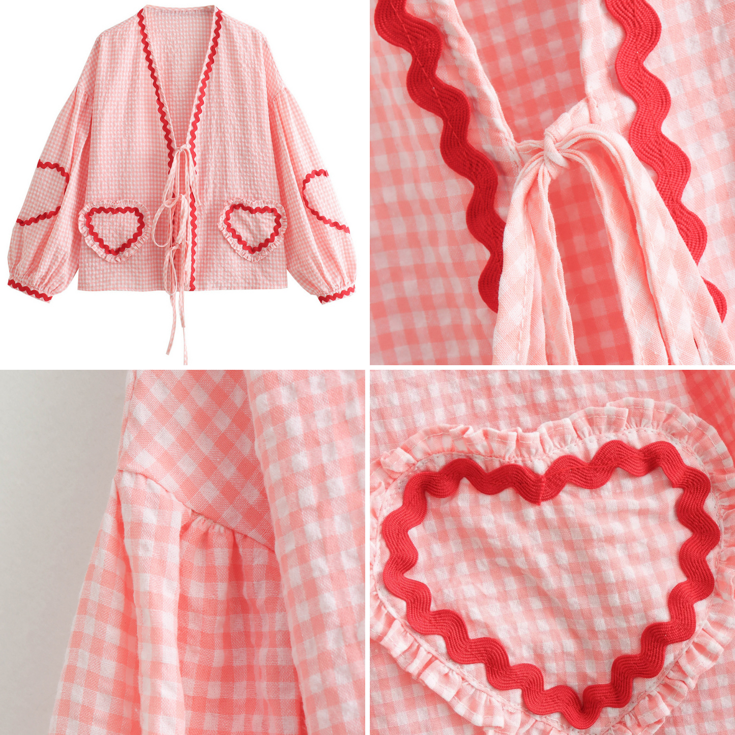 JEAAMKSSER Gingham Tie Front Blouse Tops for Women Y2K Babydoll Coquette Bow Cute Puff Shirts Long Sleeve Pink