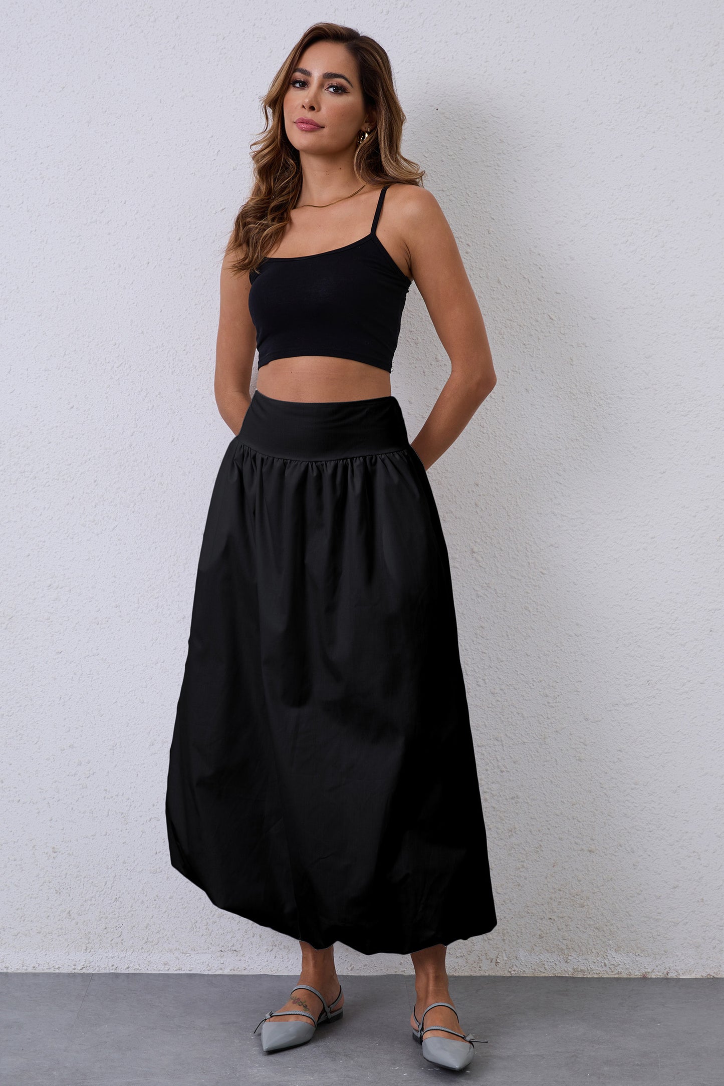 JEAAMKSSER Y2K Bubble Maxi Skirts for Women A Line Long Pleated Casual Summer Skirts 2024 Elastic Waist Balloon Midi Skirt
