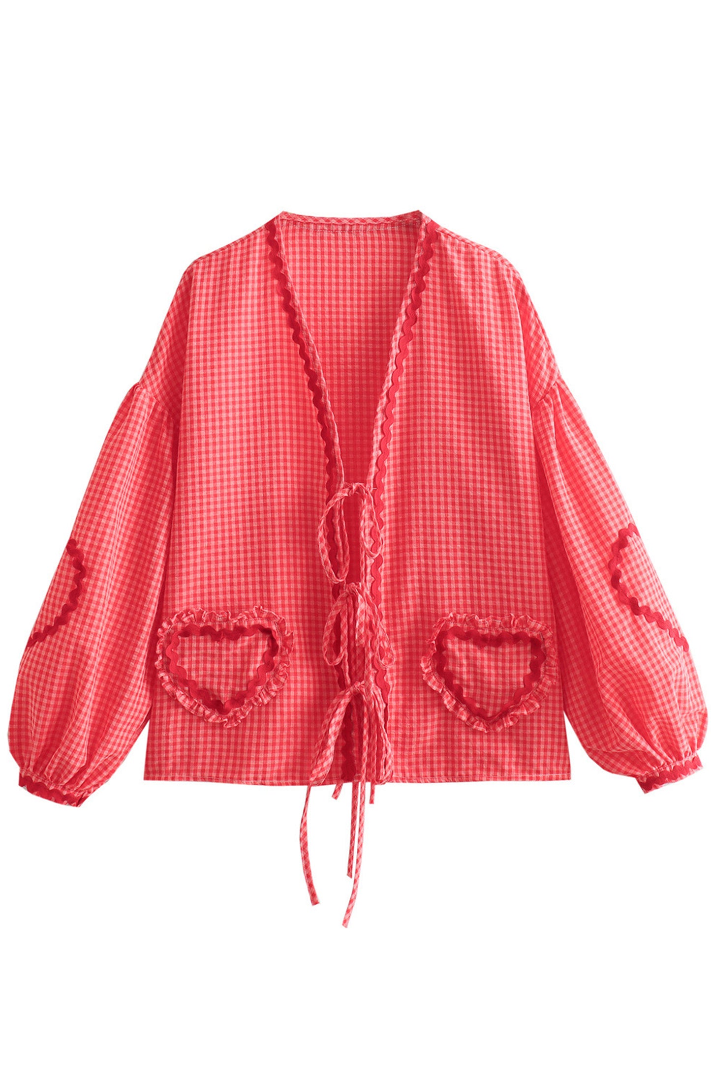 JEAAMKSSER Gingham Tie Front Blouse Tops for Women Y2K Babydoll Coquette Bow Cute Puff Shirts Long Sleeve Red