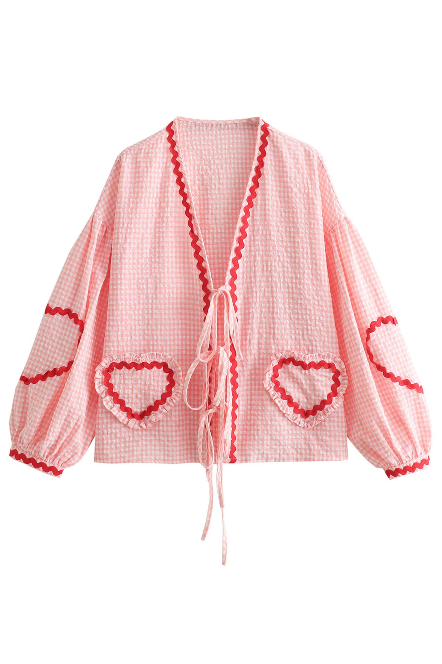 JEAAMKSSER Gingham Tie Front Blouse Tops for Women Y2K Babydoll Coquette Bow Cute Puff Shirts Long Sleeve Pink